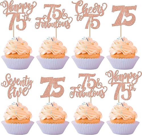 Paquete de 30 adornos para cupcakes de 75 cumpleaños con purpurina de setenta y cinco, fabulosos 75 saludos a 75 selecciones de cupcakes,