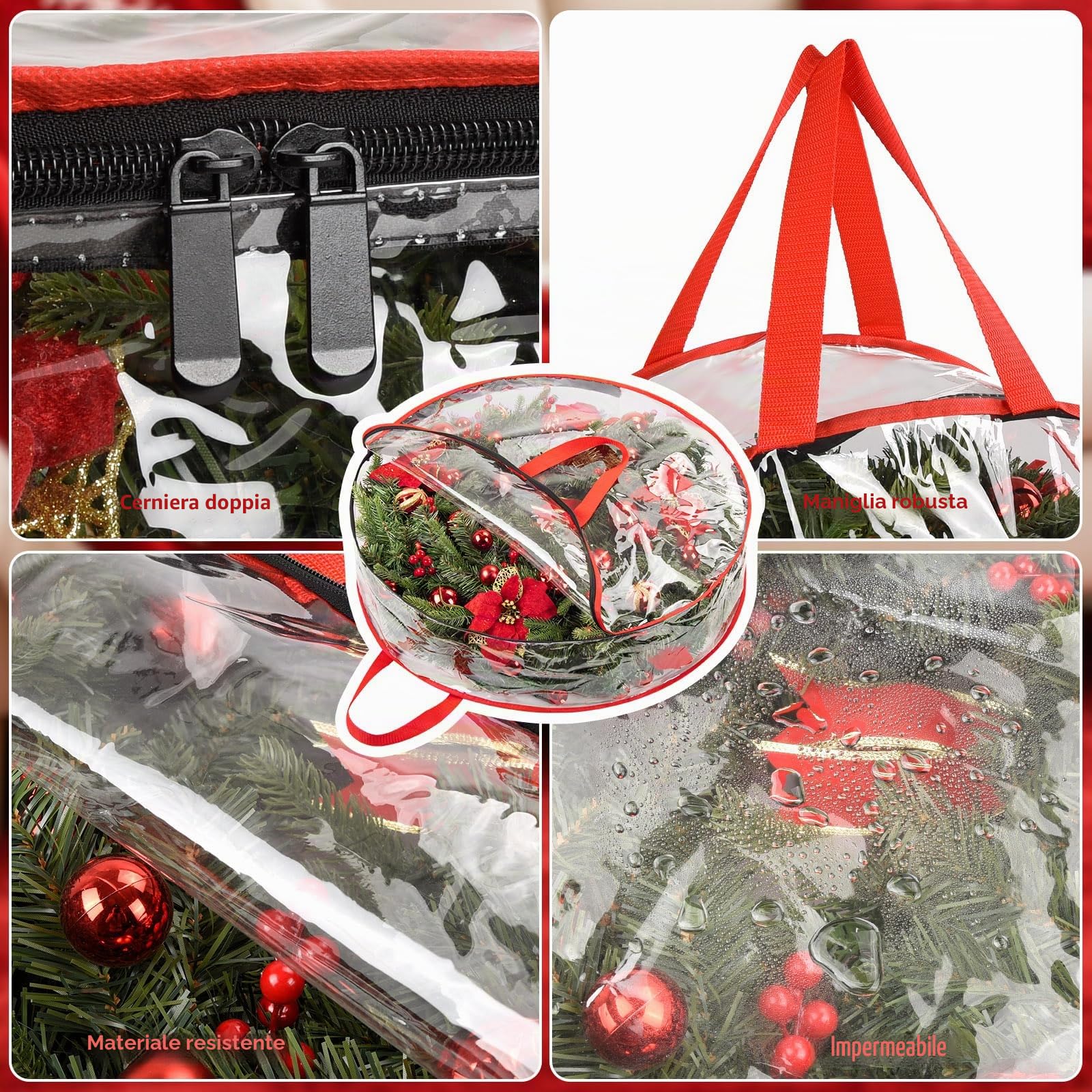 Confezione da 3 sacchetti portaoggetti per ghirlande natalizie, 76 x 20 cm, grandi, rotondi, in PVC trasparente con doppia cerniera, contenitore resistente per ghirlande, ghirlande e decorazioni