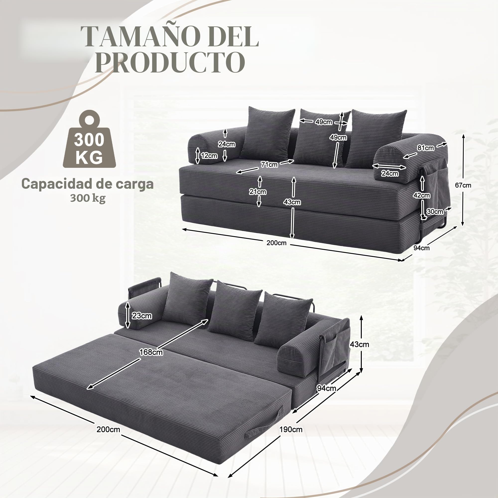 Sofá Modular sin Boneless, Sofá Cama Plegable con Marco de Metal Resistente, Bolsillos Laterales + 3 Almohadas, 200 × 94 × 67 cm, Gris Oscuro