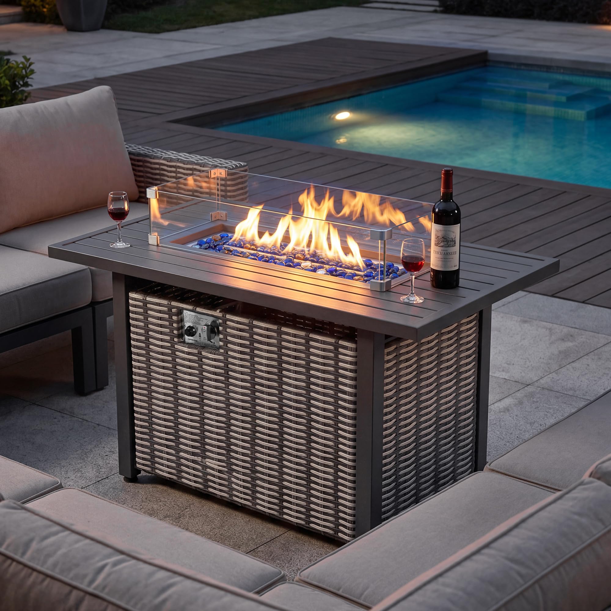 NUU GARDEN 43 Inch Propane Fire Pit Table, 50,000 BTU with Wind Guard