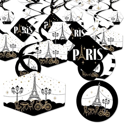 Big Dot of Happiness Stars Over Paris - Decoración para colgar en fiestas con temática parisina - Remolinos de decoración para fiestas - Juego de 40