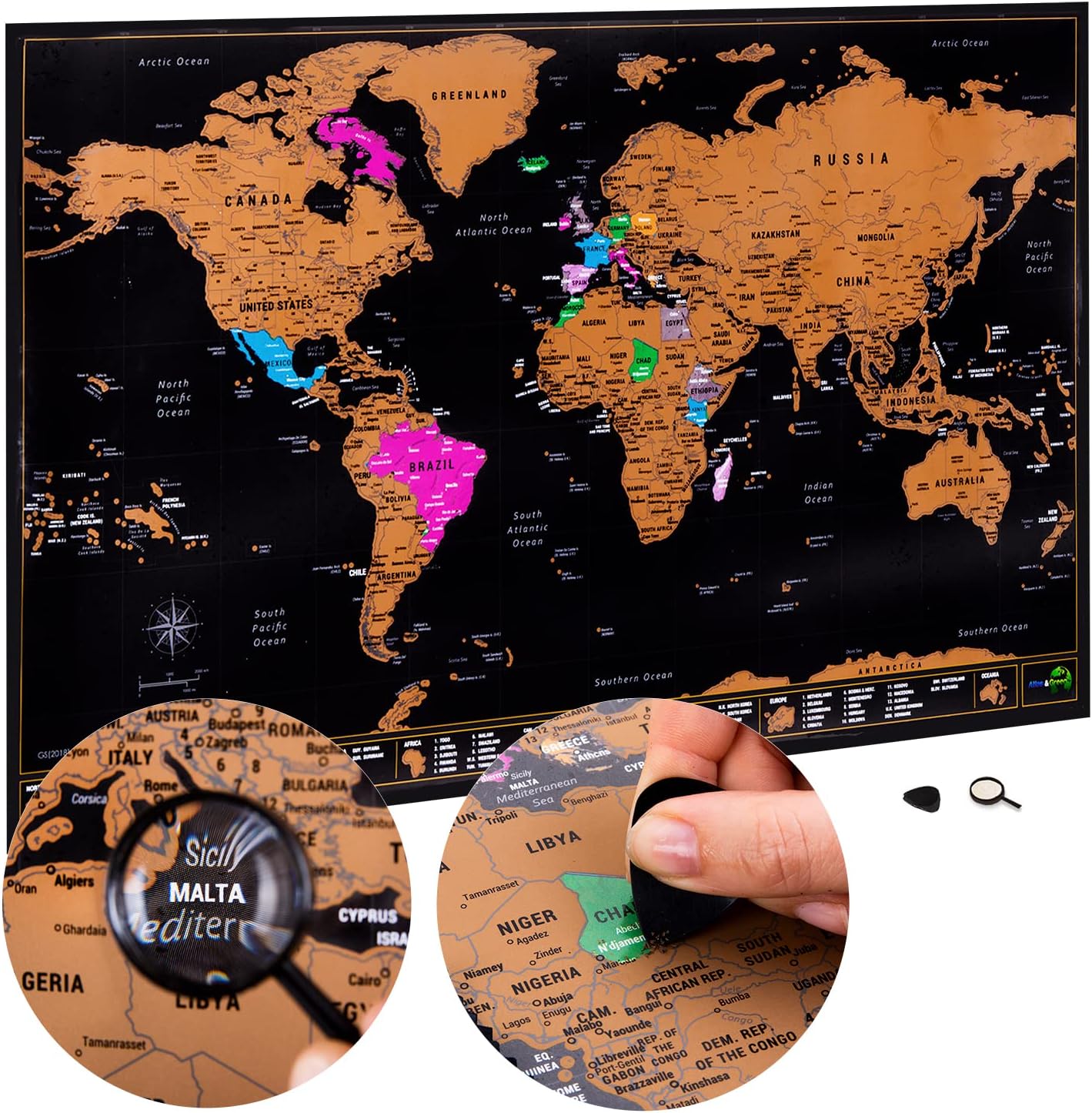 Atlas & Green Scratch Off World Map, All US States, Large 28x16.5" Travel Map. Places I've been Map World Poster Scratch Off Map. Accessories & Gift Tube