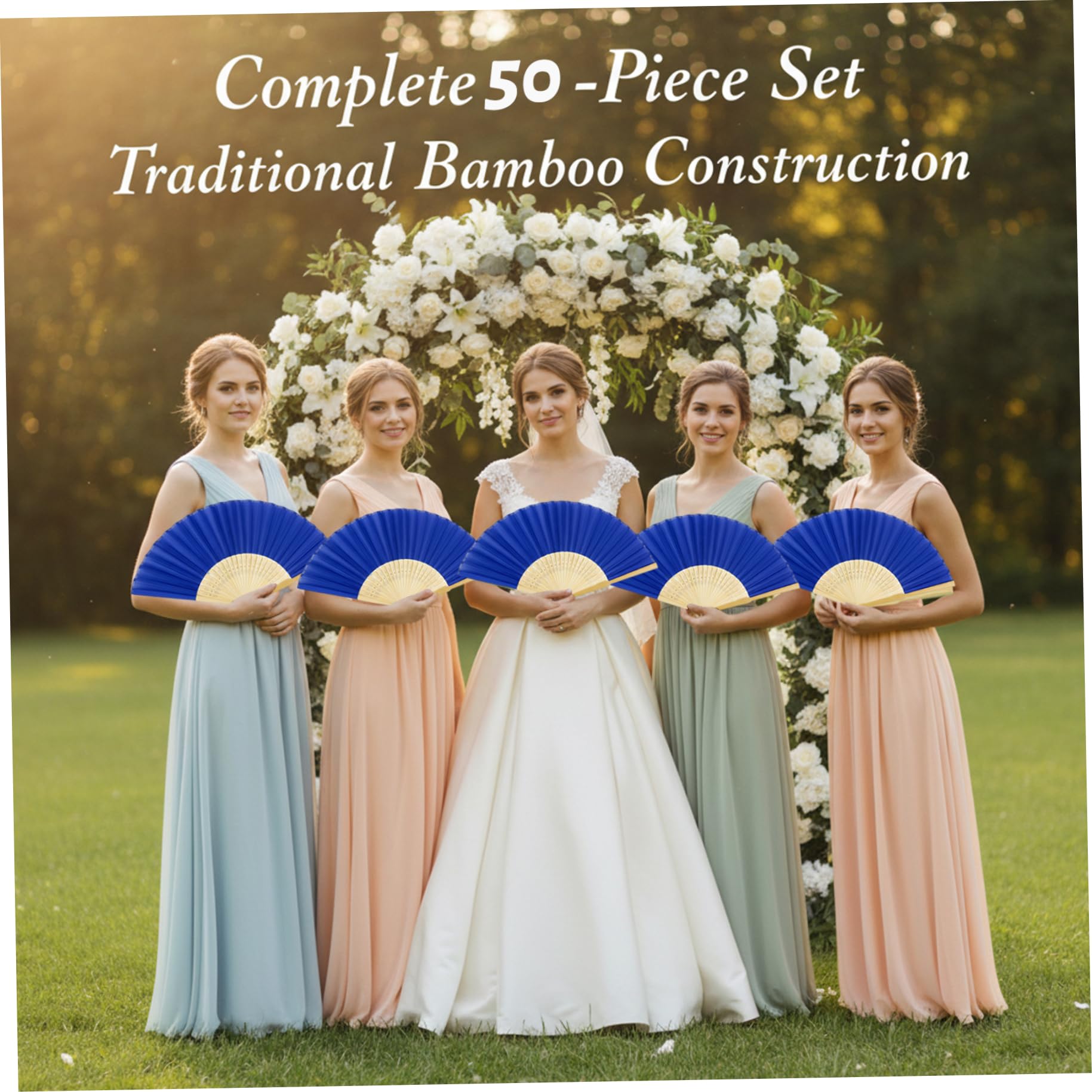50 Stück Blaue Faltbare Handfächer Hochzeitsfächer für Gäste, chinesischer Bambusfächer 8, 3 Zoll gefaltet, traditionelle Handfächerdekorationen