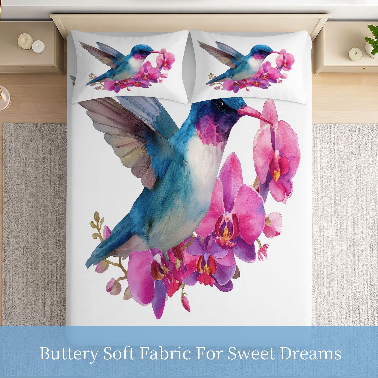 Juego de sábanas bajeras ajustables de 3 piezas, 140 x 200 cm, diseño de colibrí, de microfibra, color blanco, suave y agradable a la piel, transpirable, hipoalergénica, para colchones de hasta 30 cm