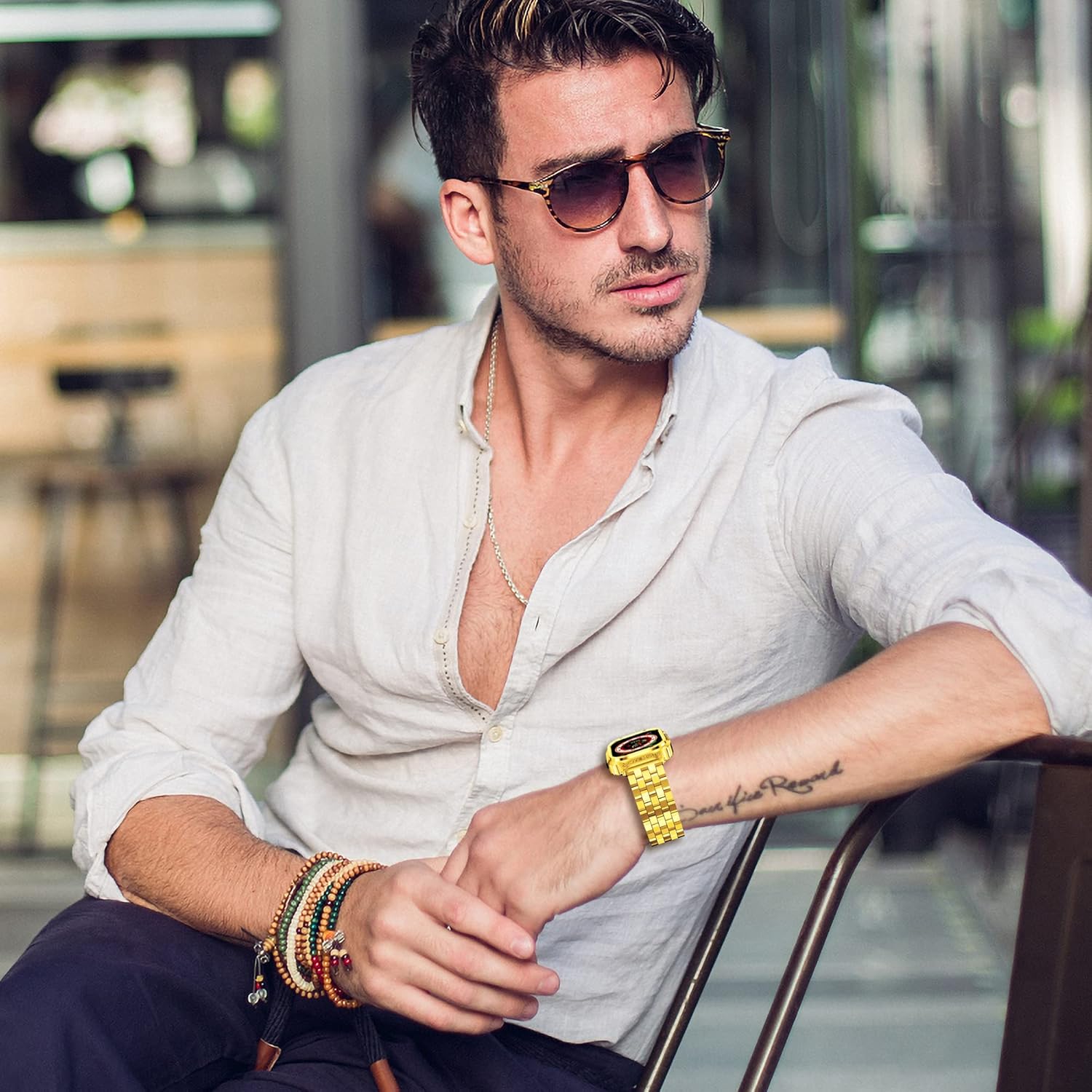 HASLFM Stainless Steel Band with Case Compatible with Apple Watch Ultra 3 2 1(49mm), Metal Protective Bumper Cover for iWatch Bands Men,Gold - Image 8