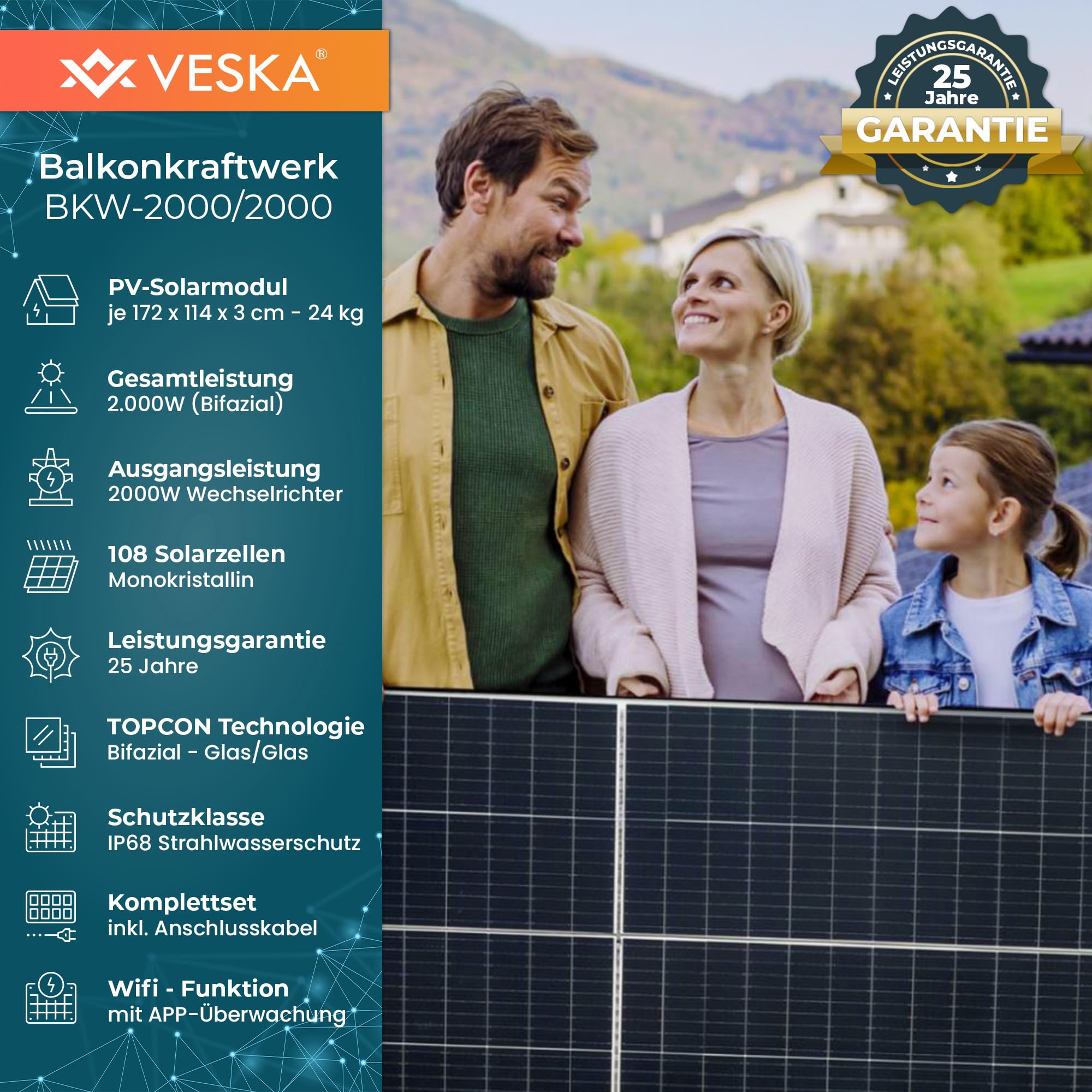 Balkonkraftwerk 2000W - Solaranlage Bifaziale Glas/Glas Paneele, WiFi Smarte PV Anlage Echtzeit-Überwachung via App mit WLAN