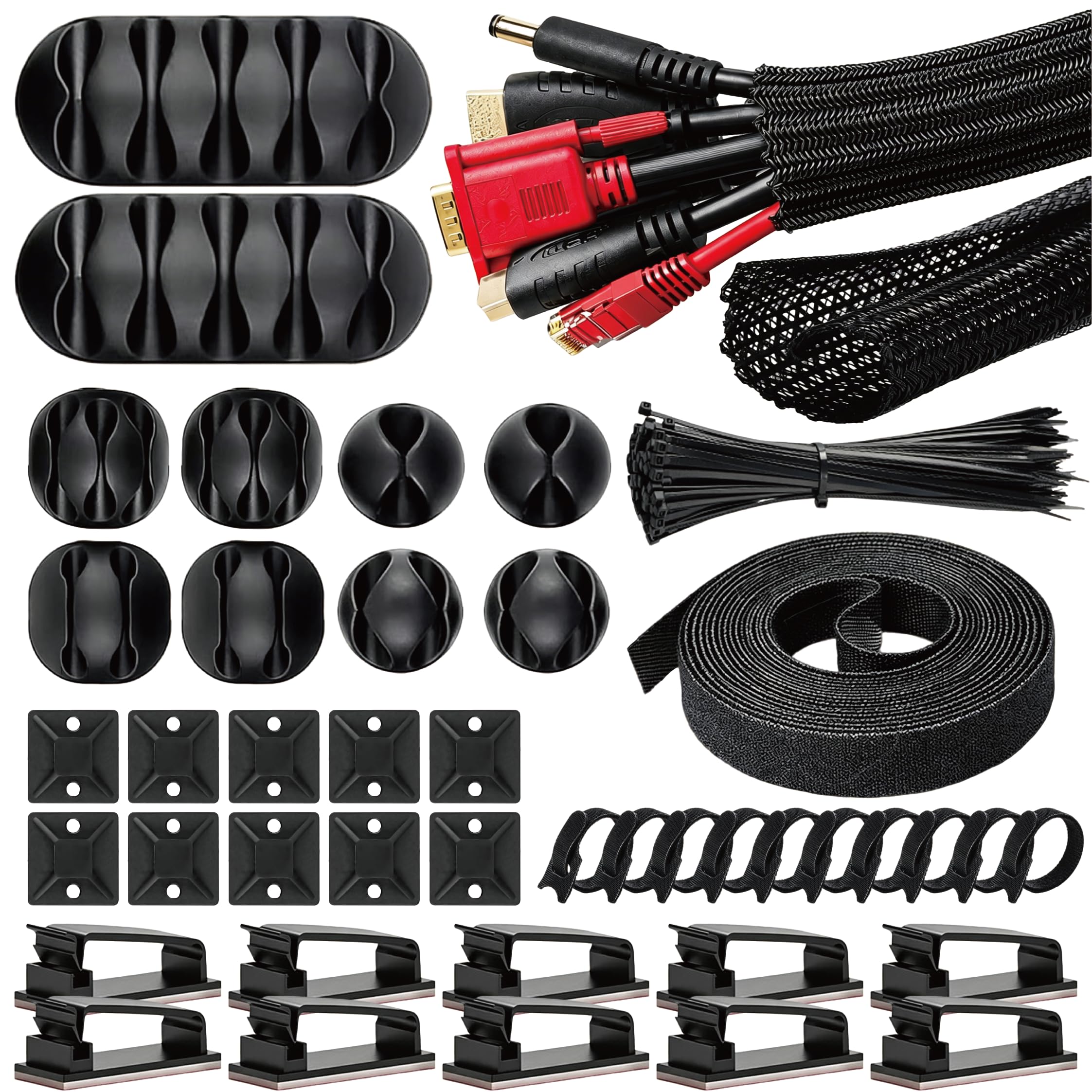 honzhaoyu Kabelmanagement Set Kabelclips Kabelbinder Kabelhalter Büro | 34 Kabelclips, 5m Klettband, 2m Geflechtschlauch, 100 Kabelbinder, 10 Katzen-Klettbinder, Schwarz
