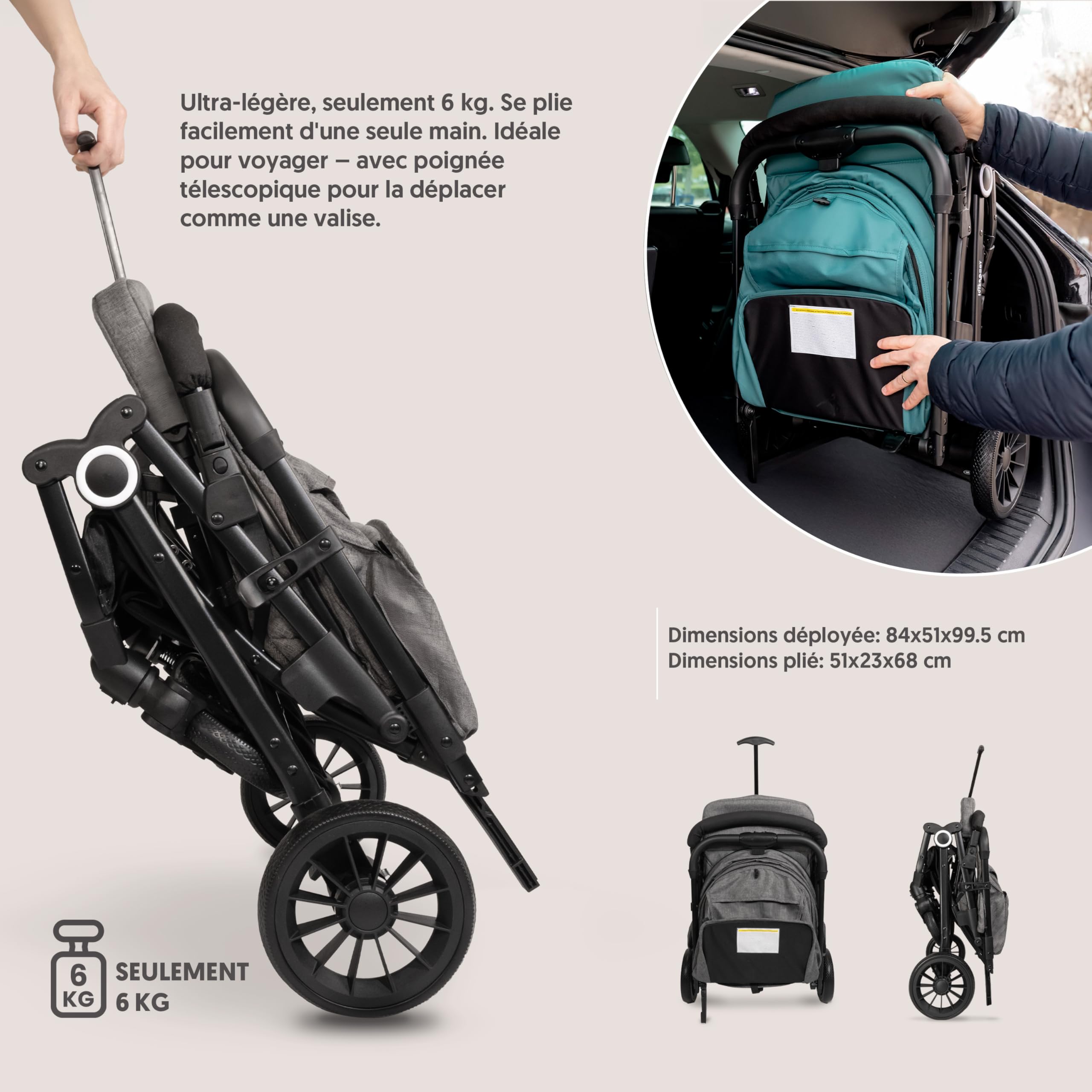 Interbaby Poussette Canne Légère Bébé Voyage 22 kg, Capote XXL (Gris) | Poussette compacte de la naissance à 48 mois, capote XXL interchangeable, amortisseurs, accoudoirs, pliage rapide