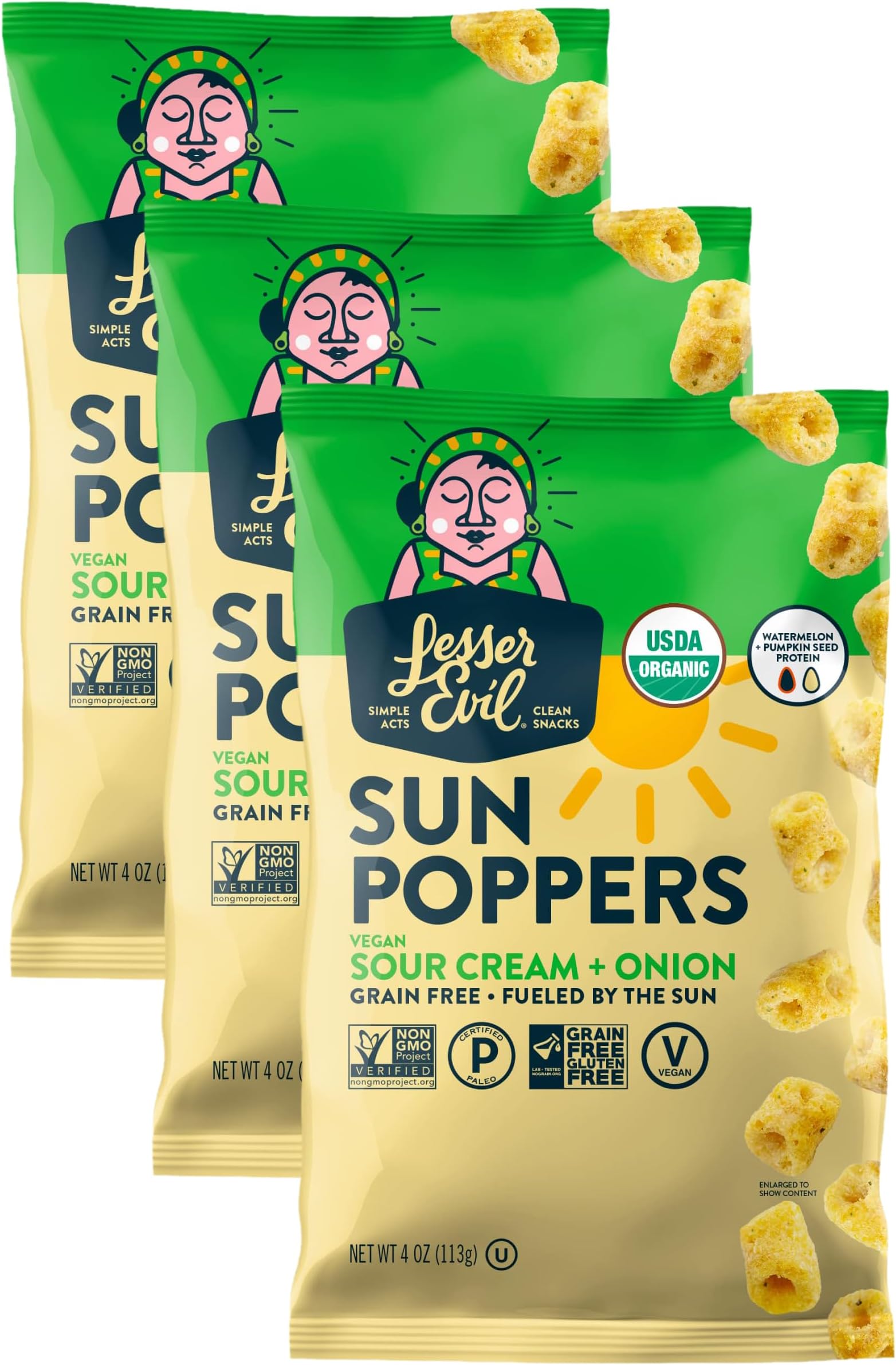 Lesserevil Sour Cream and Onion Sun Poppers, 4 Oz (Pack of 3)