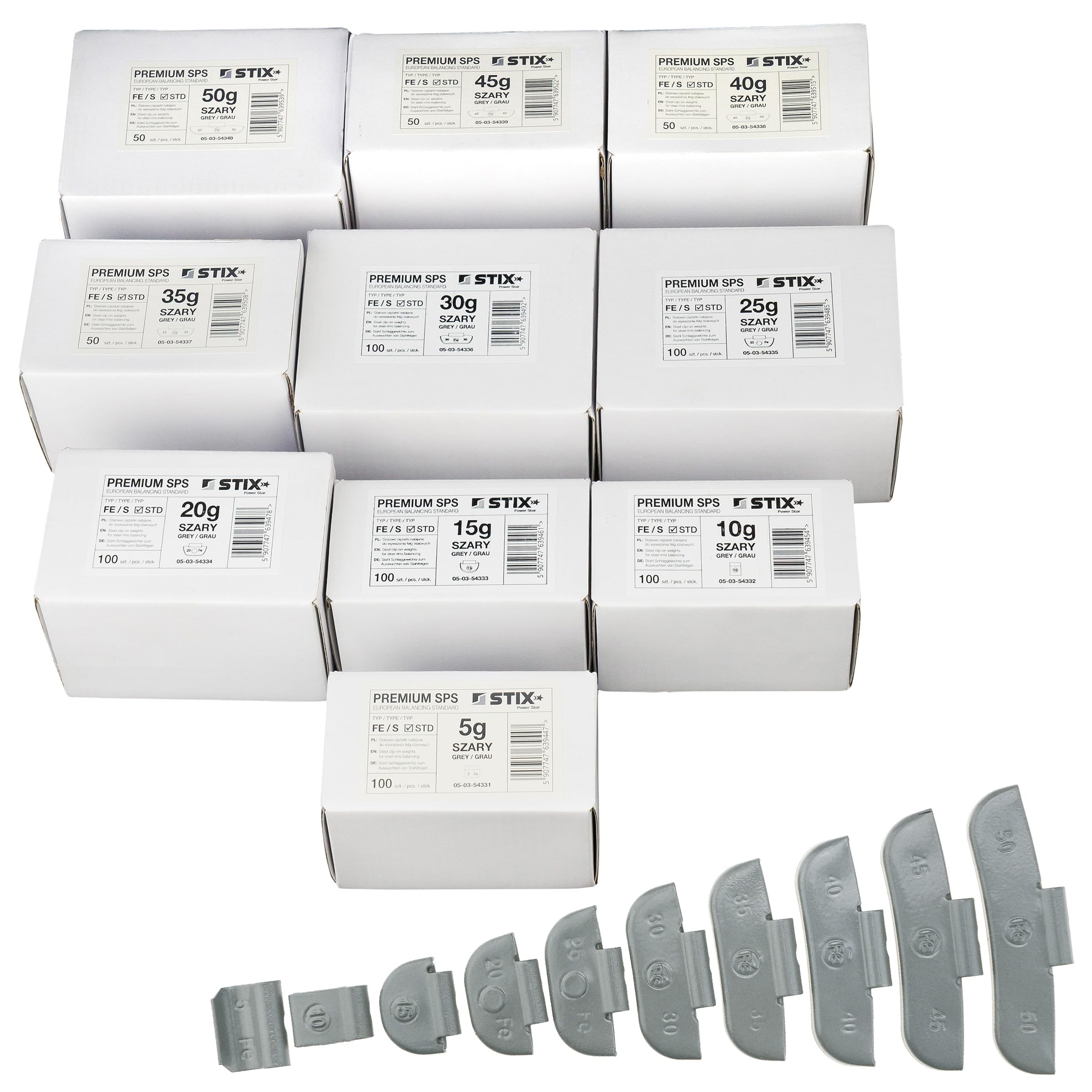 Assortimento di 800 pesi per cerchioni in acciaio, 5-50 g, FE/S