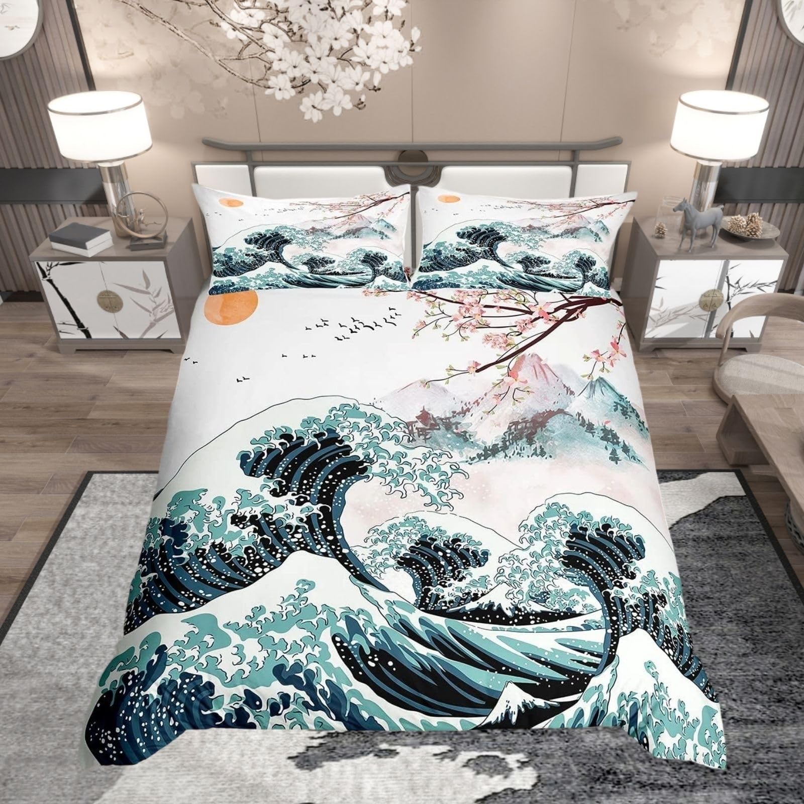 Homewish Boys Multi 27 Cherry Blossom Bedding Set Double Japan Mount Fuji Duvet Cover Japanese Sea Waves Comforter Cover Botanical Flower Branches Quilt Cover For Child Kids Ukiyoe Theme Ethnic Kawaii Room Decor