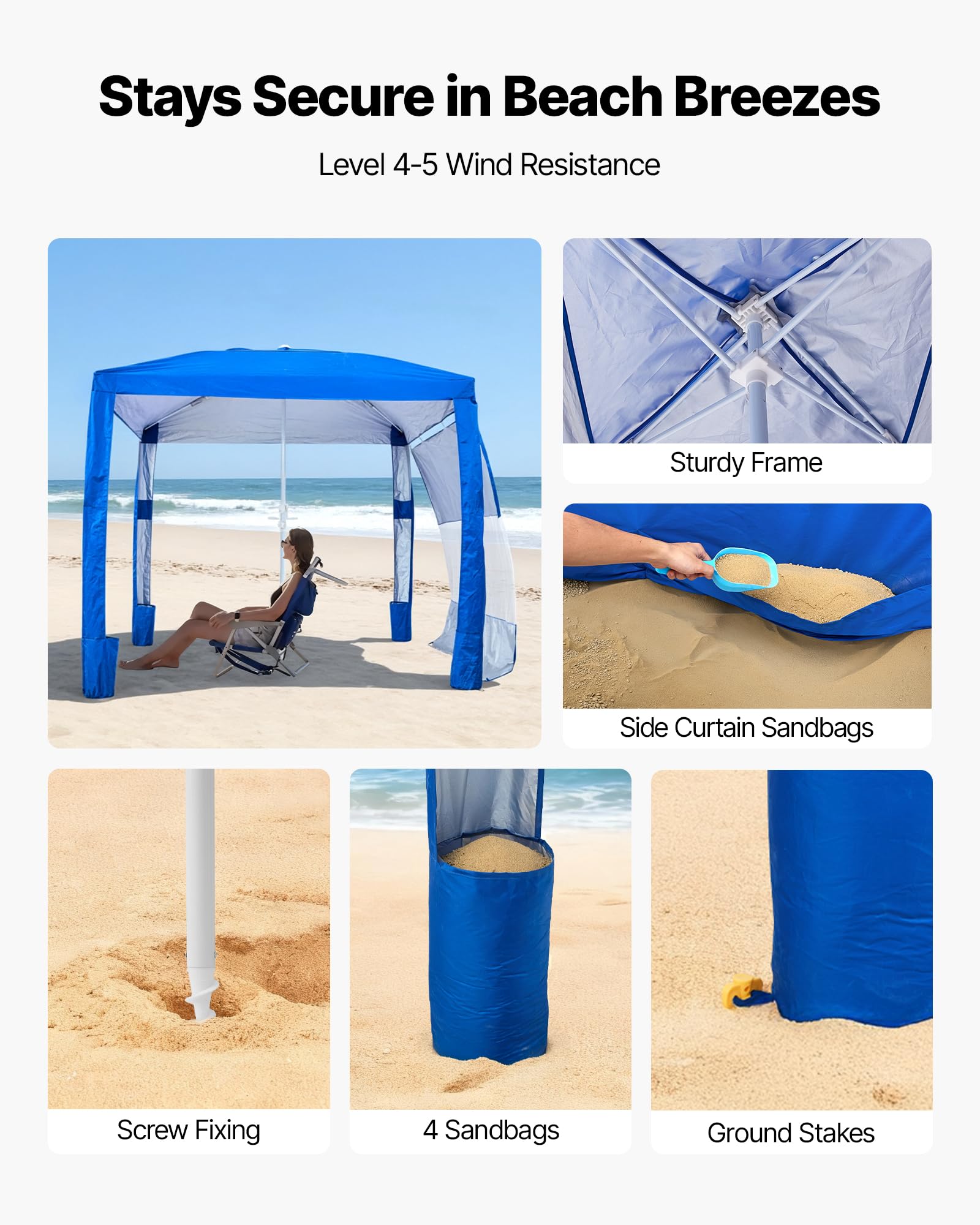 VEVOR Cabaña de Playa 2,4 x 2,4 m, con Pared Lateral, Protección Solar UPF 50+, con Sacos de Arena, Toldo Ajustable en Altura y Portátil para Disfrutar en Familia o con Amigos, Azul Marino Liso