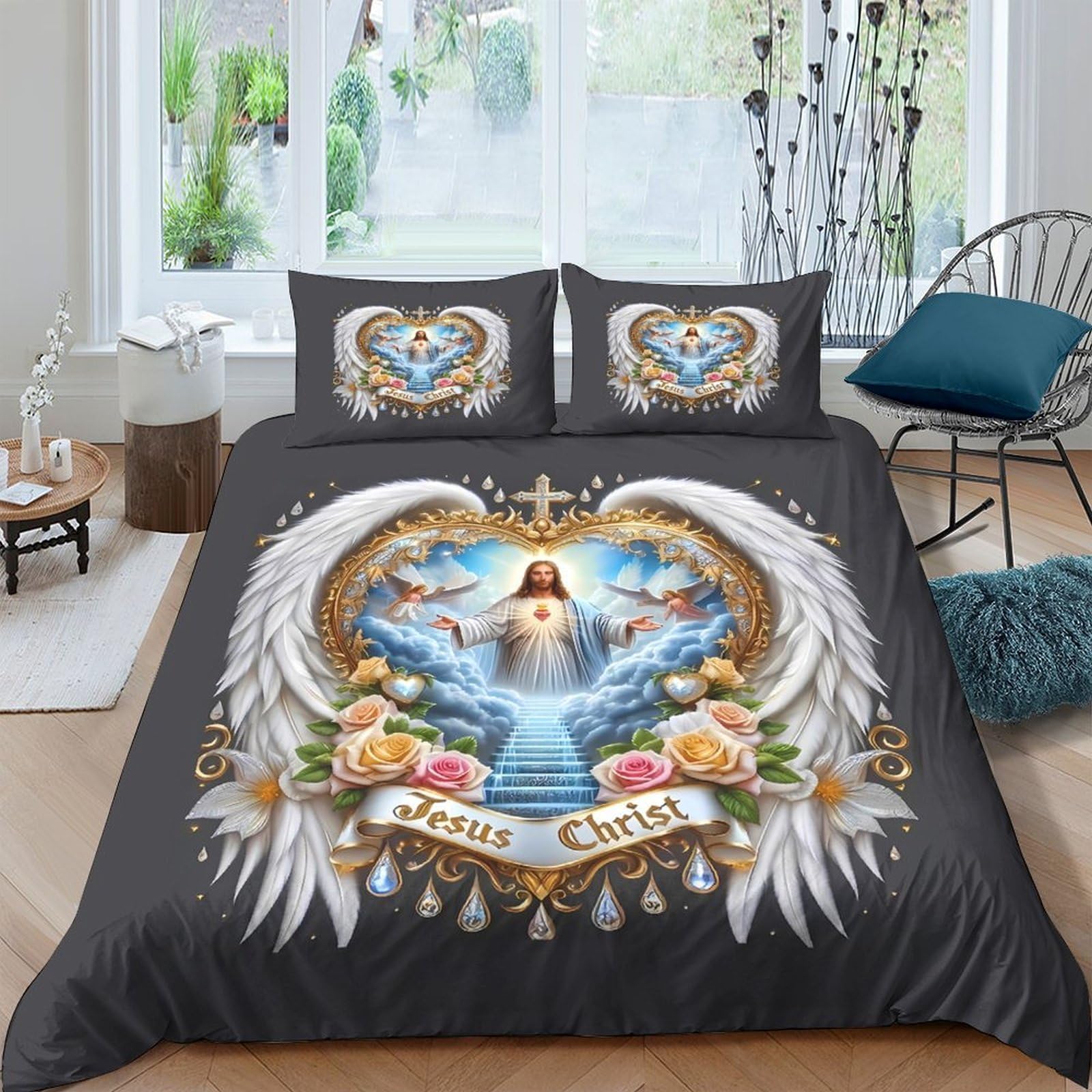 Ctjqhvkz Style-7 3D Printed Angel Wings Fitted Sheet Microfiber Religious Heaven Staircase Mattress Cover Bedroom Decor Single（135X200cm）