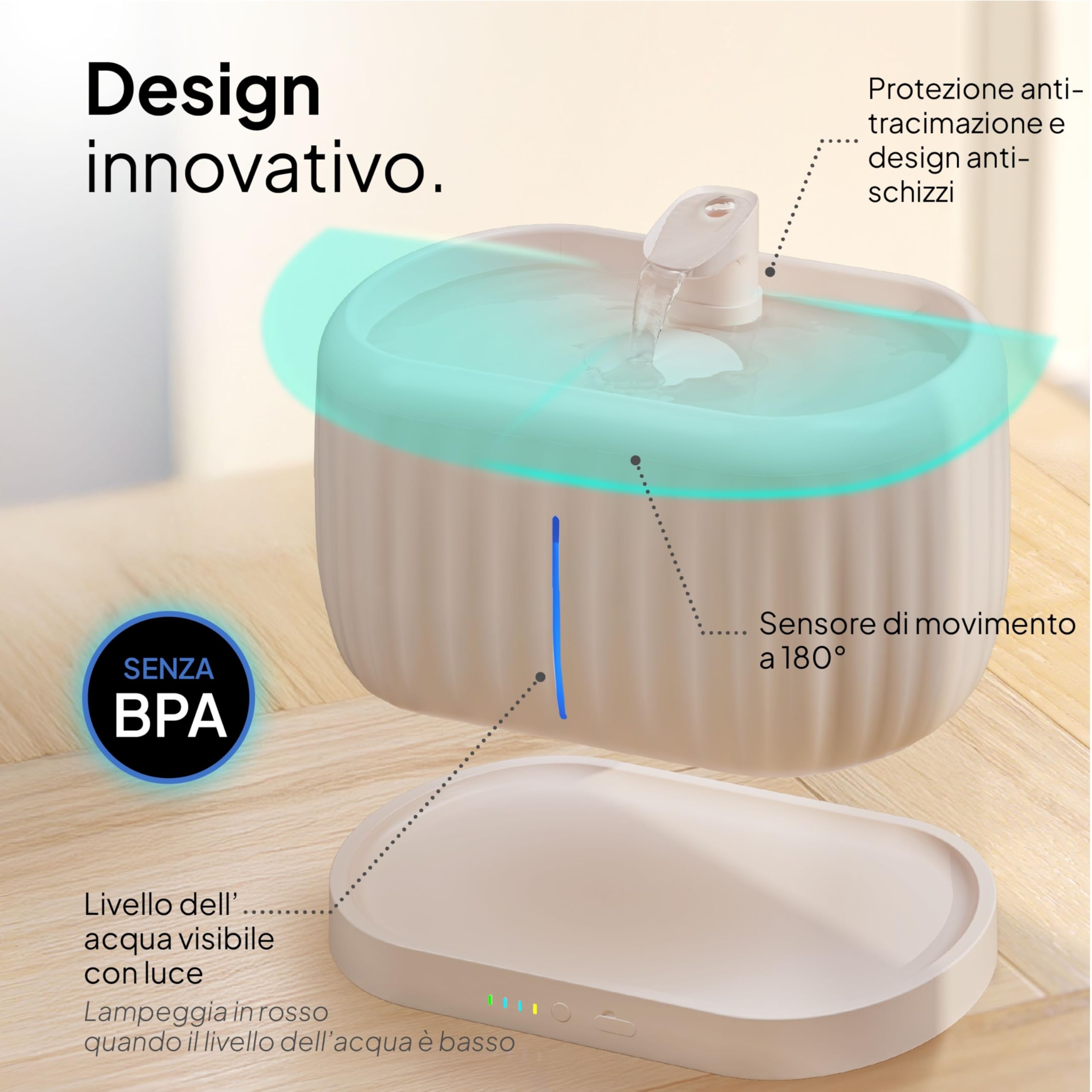 Pretty Paw Fontanella per Gatti Senza Fili 3L con Sensore di Movimento - Distributore Acqua Gatti Silenzioso a Batteria, 3 Modalità di Flusso - Pure Flow Max (Beige)
