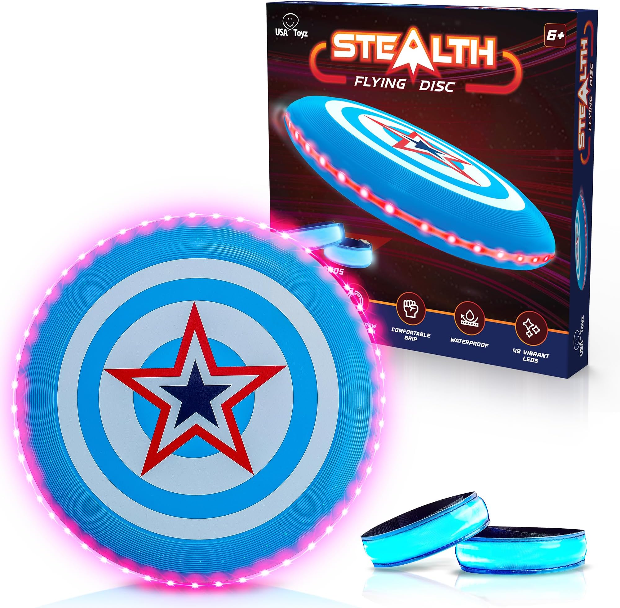 USA ToyzStealth LED Flying Disc- Light Up Disc for Adults and Kids, 49 LEDs Glow in The Dark Disk, 2 Arm Bands, Sport Golf Ultimate Outdoor Game Set, Waterproof Glow Hover Disks (Red/Blue)
