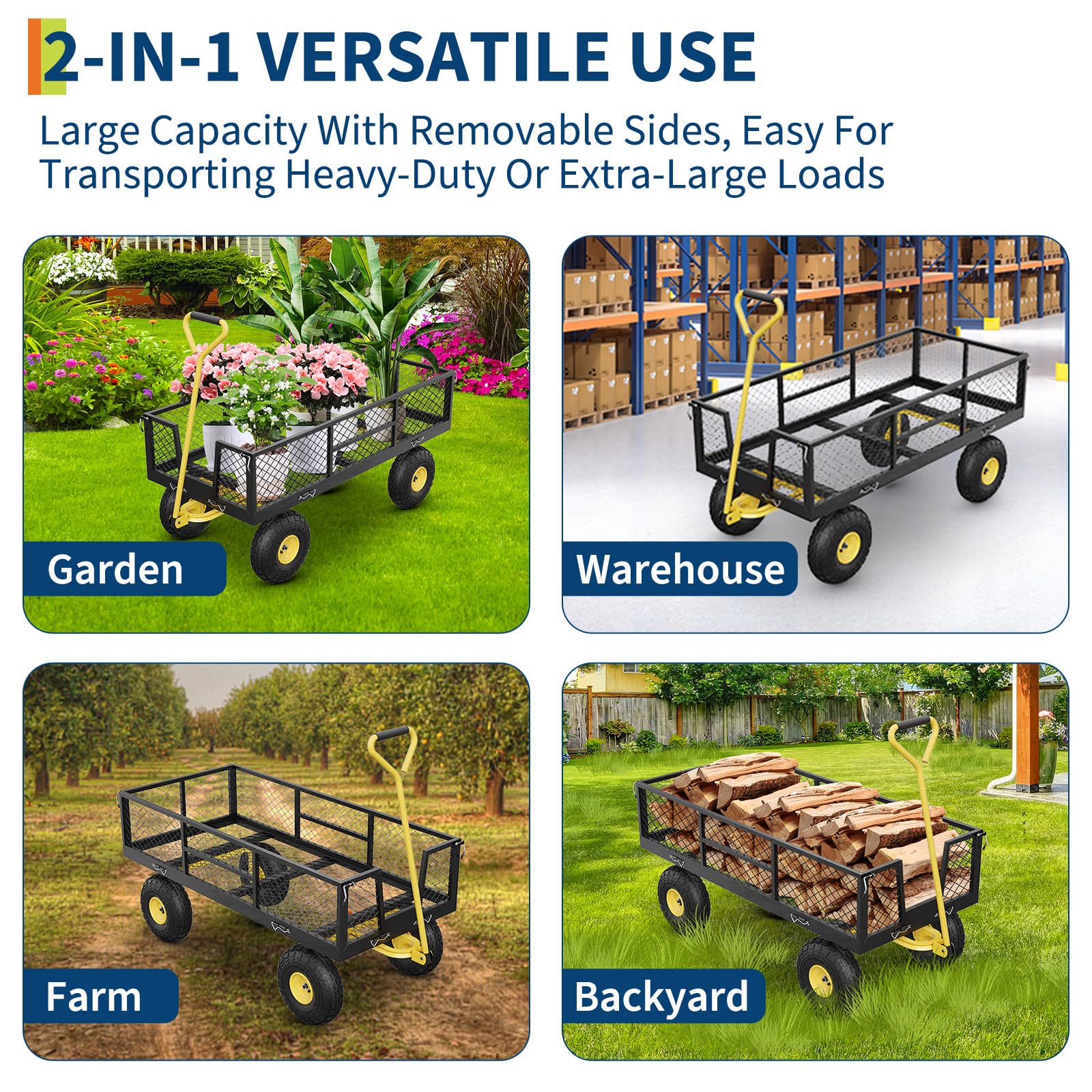 Chariot de Jardin Chariot à roulettes Grillagé à Ouverture Latérale Transport Camping Acier Maille Côtés Amovibles Jardin Camping Ferme Corps Noir PoignéE et Rayons Jaunes 150kg