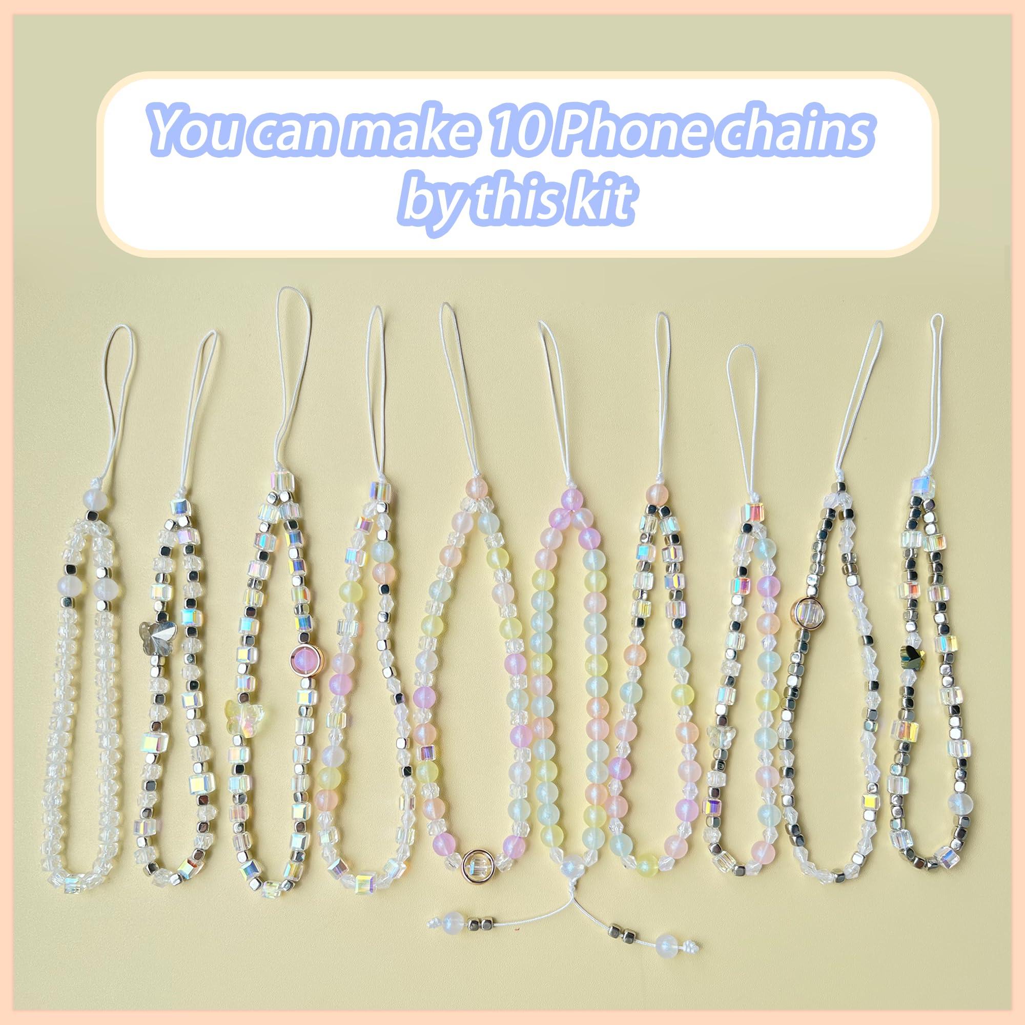 AOUXSEEM Beaded Mobile Phone Chains Making Kit, Can Make 10 Pcs Cell Phone Wrist Straps, Assorted Crystal Diamond/Butterfliy/Metal/Round Beads for Girls DIY Handmade Gifts