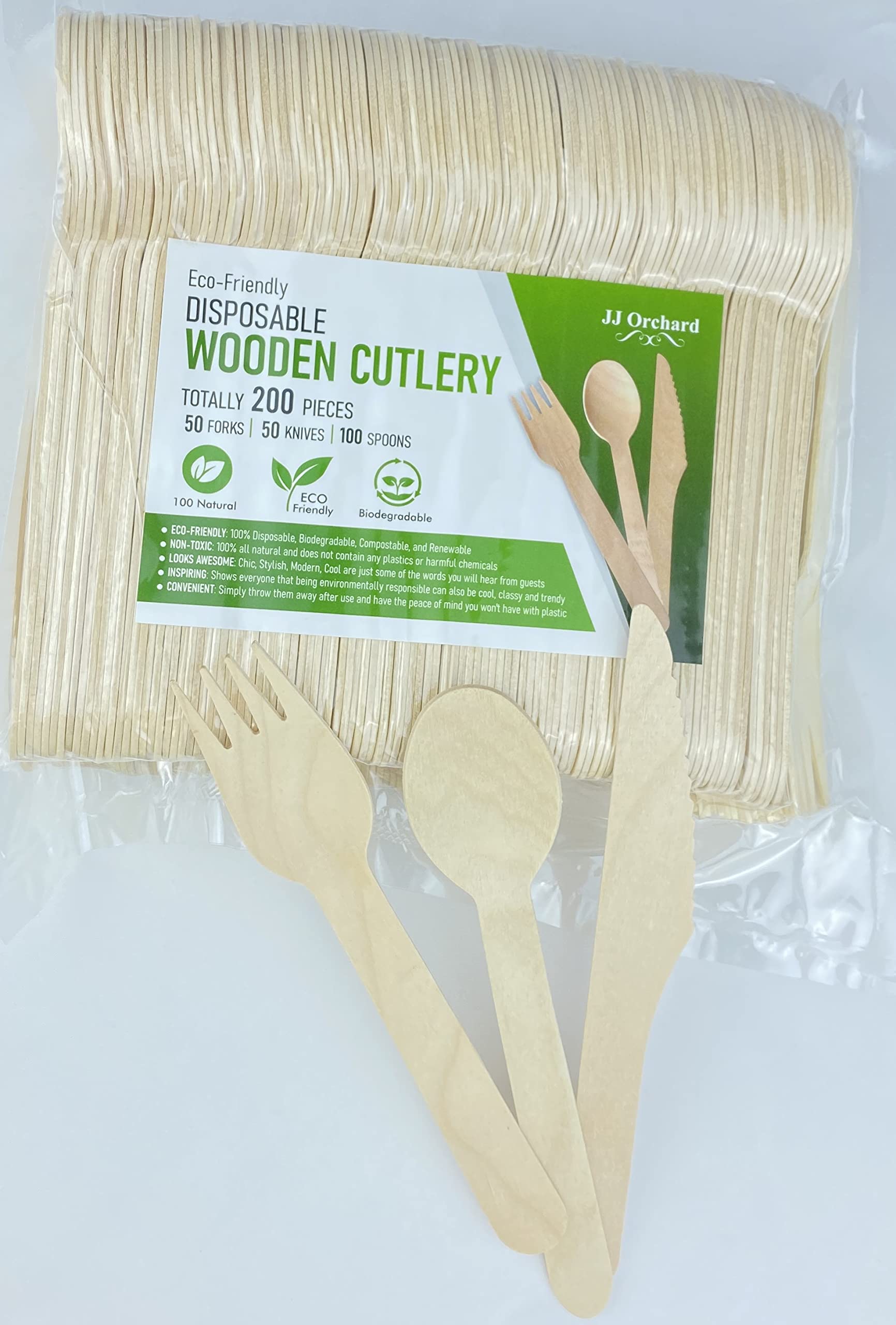 JJ Orchard Natural 200 Pieces Disposable Wooden Utensils Set, Sustainable Utensils, Eco-Friendly Biodegradable Utensils for Party, Camping, Picnics, BBQ, Events (50 Forks, 50 Knives, 100 Spoons)