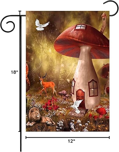 Miniatura 20 de Paisaje de fantasía con piedras, lámparas, flores, árboles, luna y mariposas, bandera de jardín de 12 x 18 pulgadas, pequeña vertical de doble cara