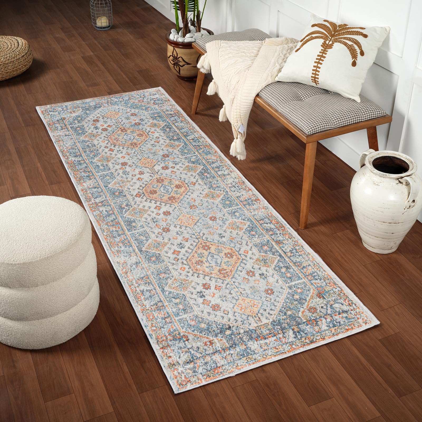 Livabliss Alka Enefis Machine Washable Floor Covering 80x220 cm – Vintage Boho Pattern for Living Room, Dining, Kitchen & Hallway, Easy Care, Blue, Brown & Beige