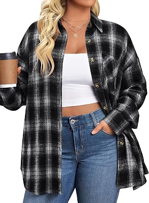 IN'VOLAND Womens Plus Size Plaid Shirts Long Sleeve Button Down Blouse Top | Casual Flannel Shirts ,Lightweight Loose Blouse Business Boyfriend Collared Office Outfits ,2026 Fall Fashion Winter Clothes