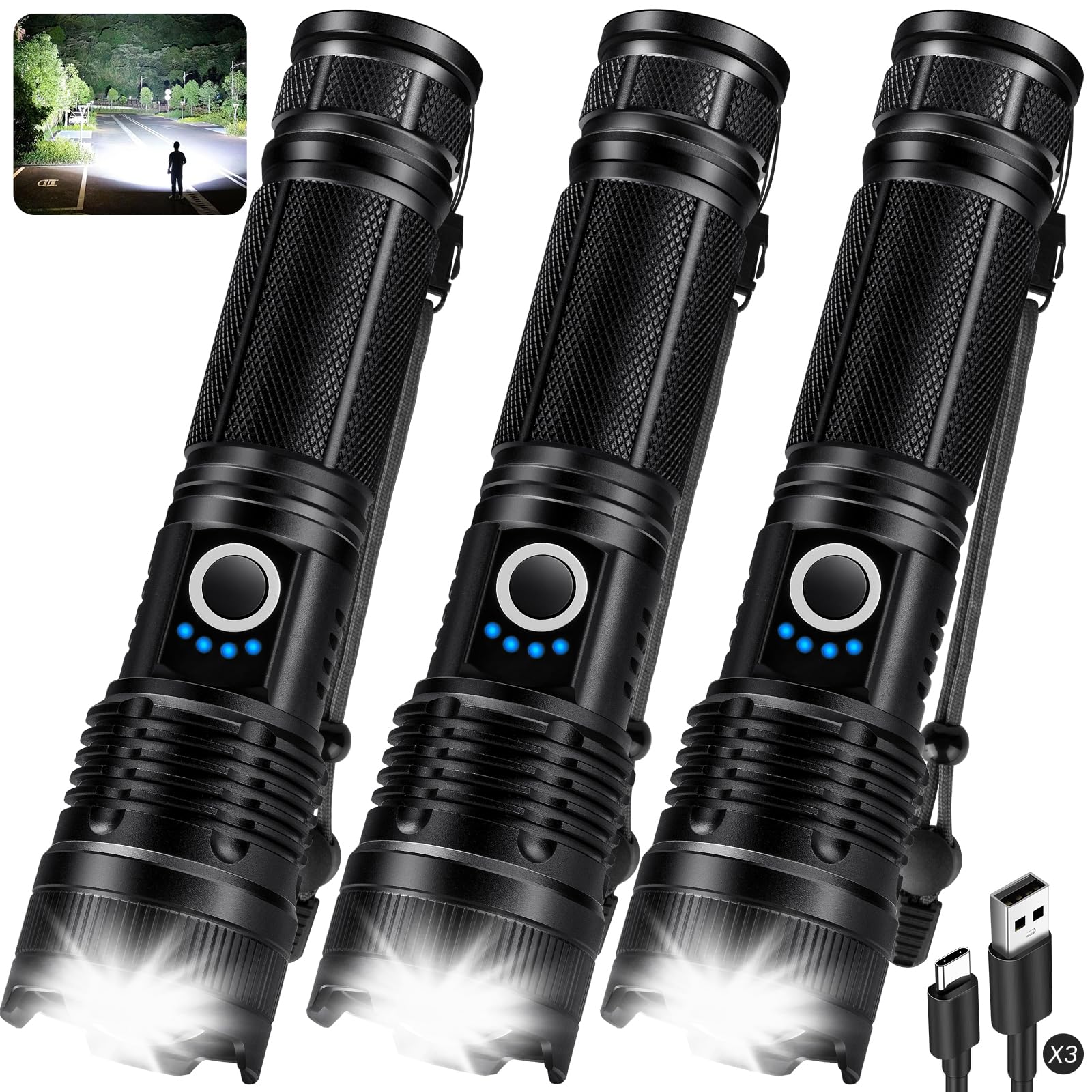3 Pack Flashlights 90,000 High Lumens - Super Bright Rechargeable Flashlight with 5 Light…