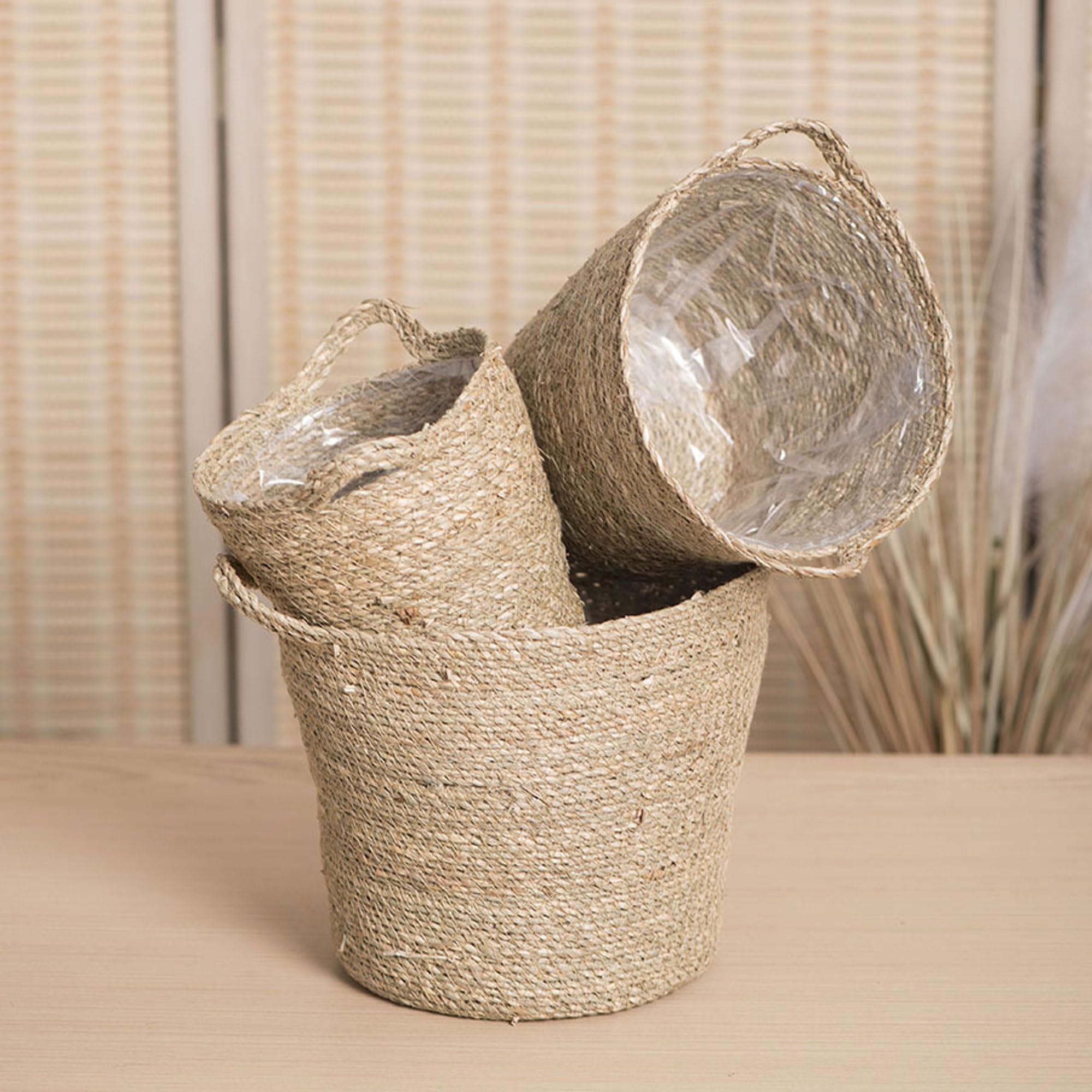 Set de 1 Pot Intérieur en Jonc avec Doublure Plastique, Panier Tressé en Osier pour Plantes Intérieur Extérieur, Déco Rustique Ferme Maison Jardin