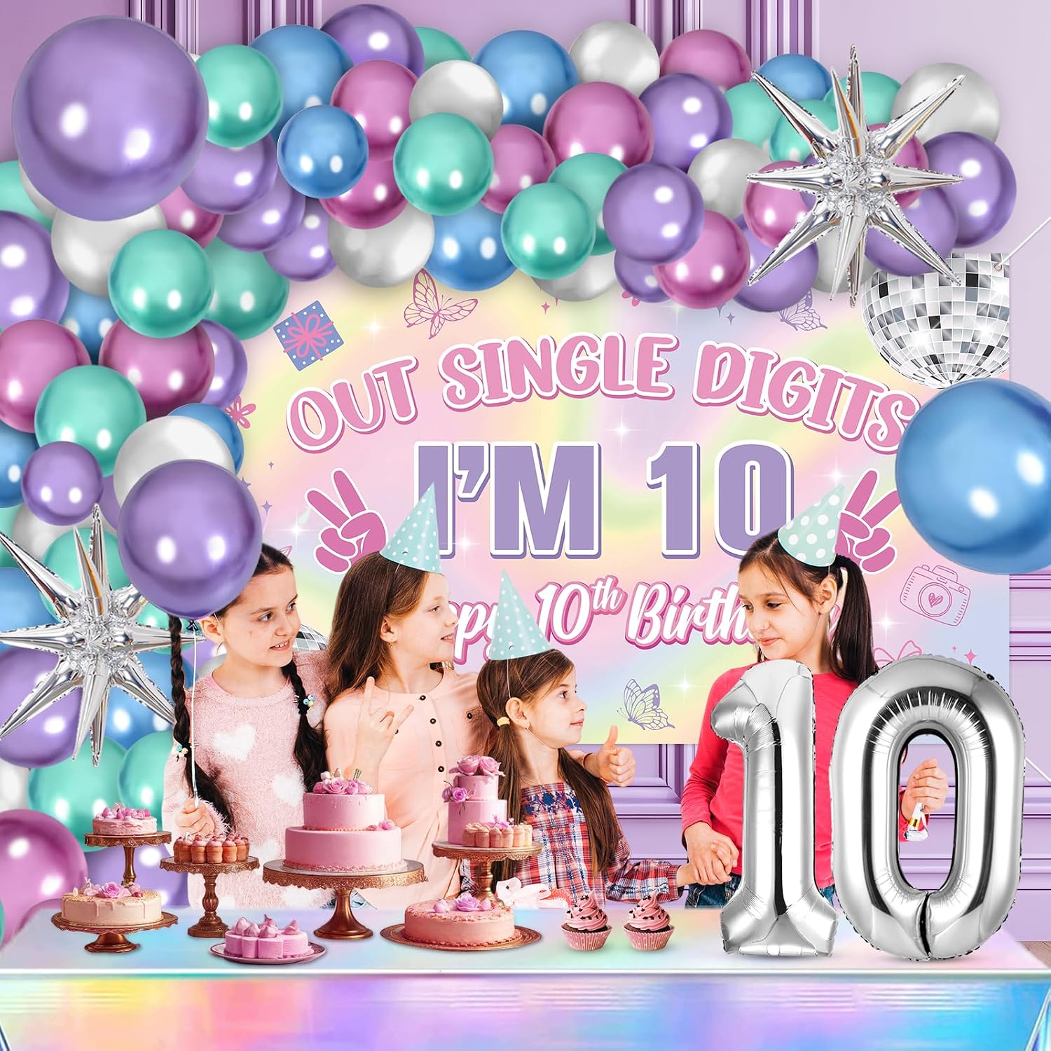 Iridescent Out Single Digits Party Decor Happy 10th Birthday Decorations for Girls Iridescent Double Digits Birthday Banner Foil Balloon 10 Tablecloth Fabulous 10 Years Old Bday Party Supplies