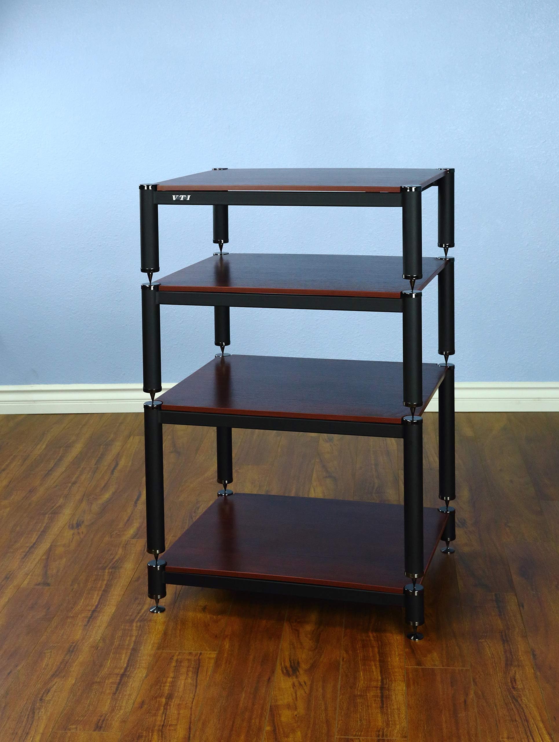 VTI BL404BC-13-4 Shelf Audio Rack TV Stand up to 27" TVs with Black Frame, Black Cap/Spikes and Cherry Shelf.