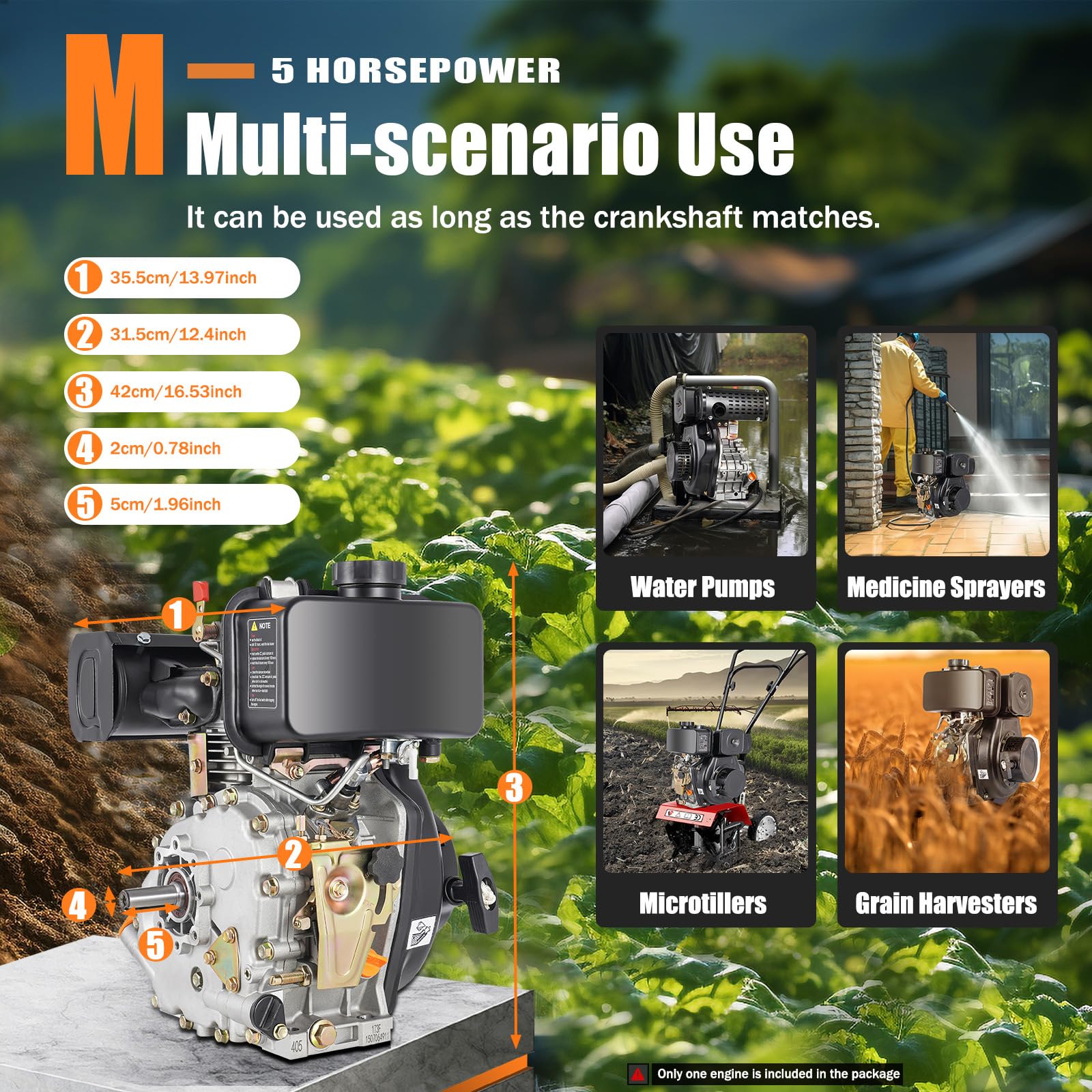 4-Takt 5 PS Dieselmotor, Eilzugstarter-Dieselmotor, 4,05 kW, Luftgekühlt Seilzugstart, 20 mm Ø Welle, 247 ccm Hubraum, Einzylinder, Leichtstartmotor, Standmotor (Schwarz)