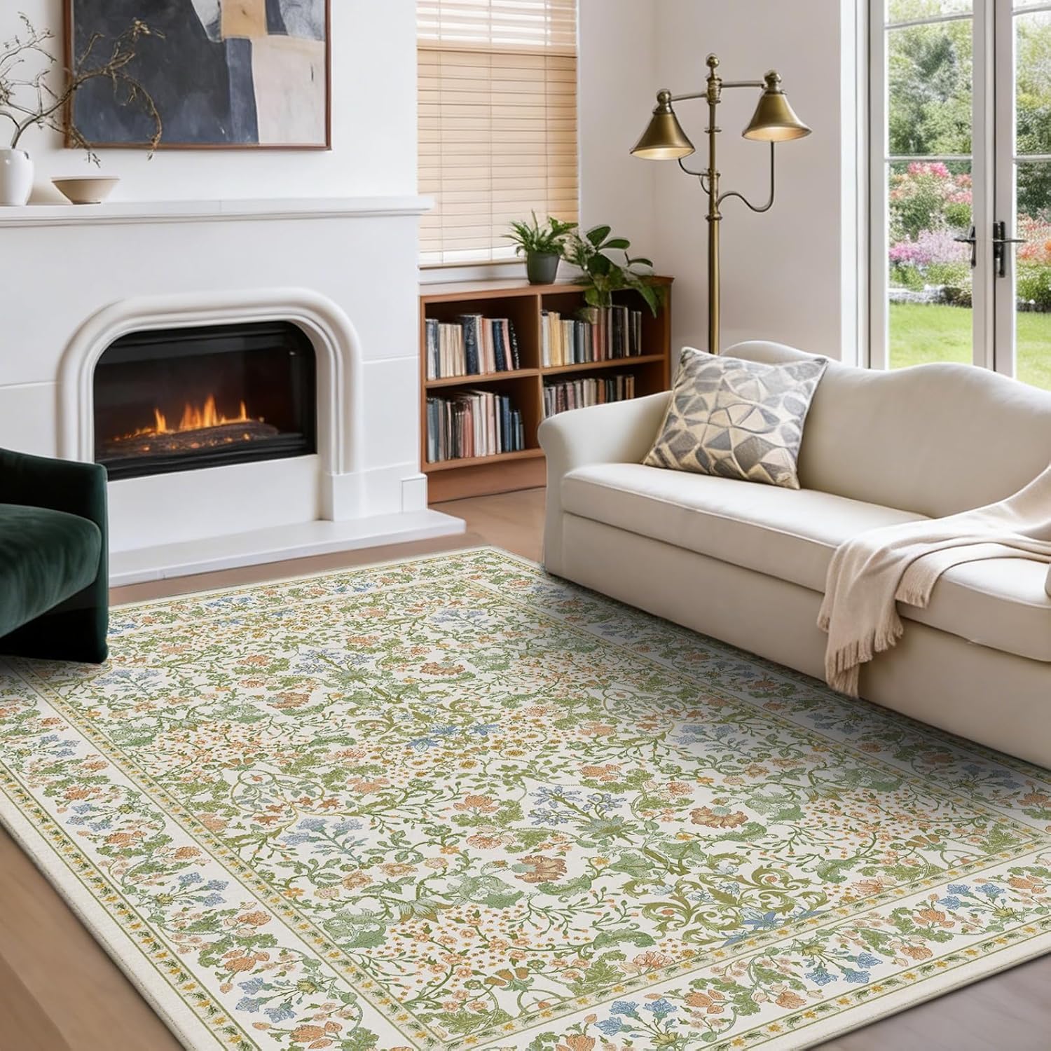 Tapis Extra Salon 200x300cm Tapis Lavable Poil Ras Moelleux Décoration Interieur pour Chambre Salle à Manger Floral Traditional Green