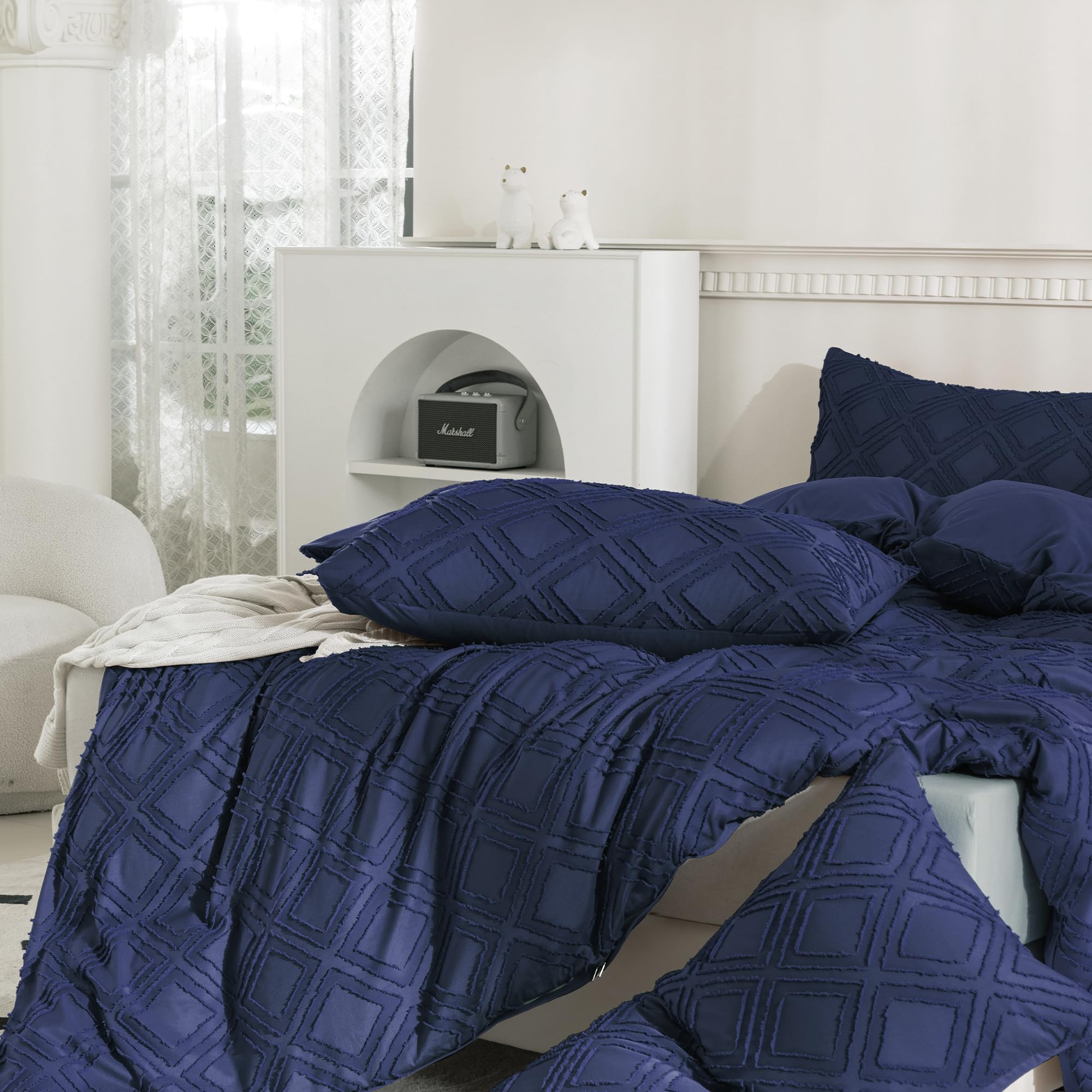 JELLYMONI Pillowcases Standard Size Navy Blue 2 Pack Boho Plaid Bed Pillow Covers 20x26in Microfiber Envelope Pillow Shams Tufted Bohemian Textured (Pillows are not Included)