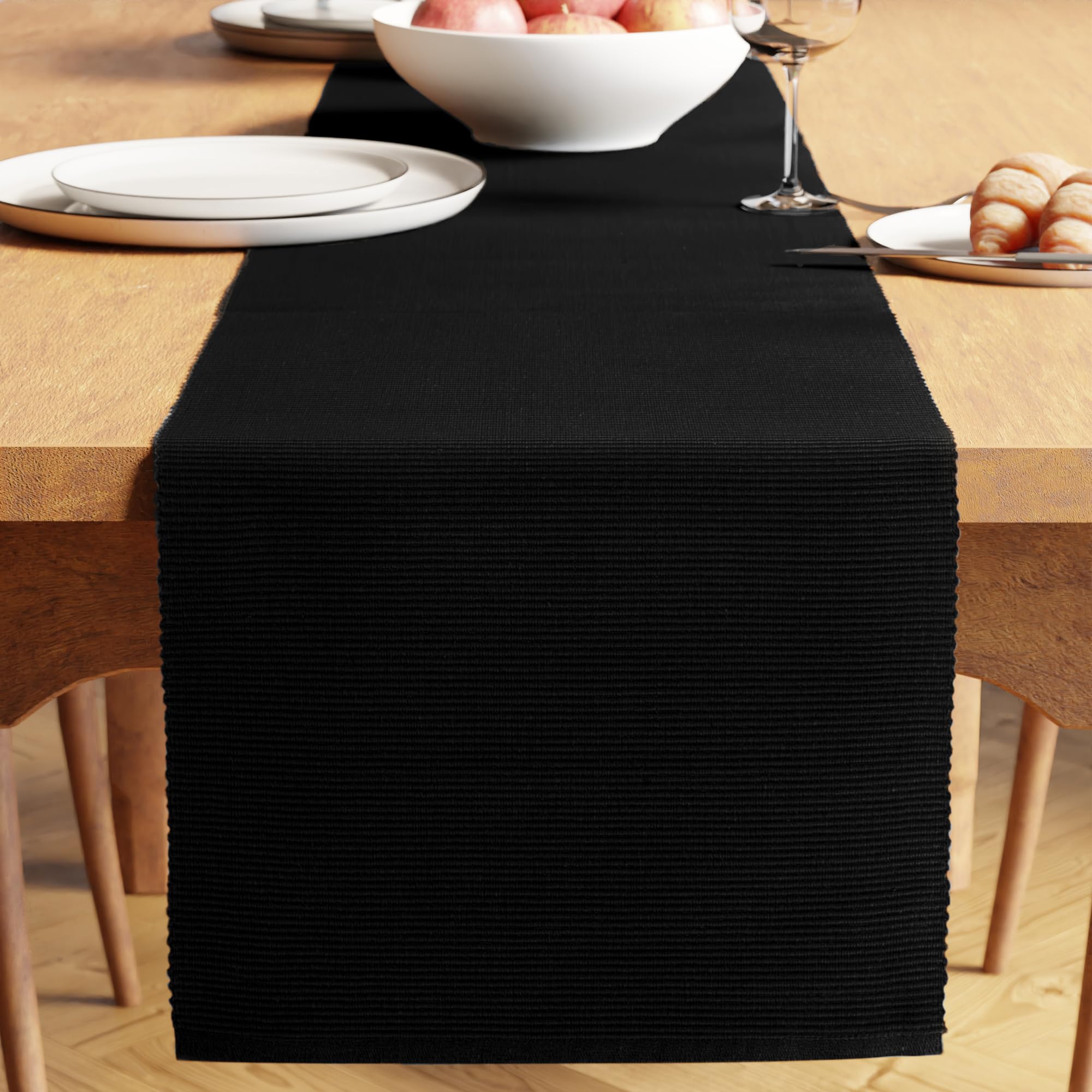 Encasa XO Runner da Tavola | Cotone a Coste Sottili Tinto in Filato | Dimensioni 32x250 cm | Nero solido | Lavabile in Lavatrice