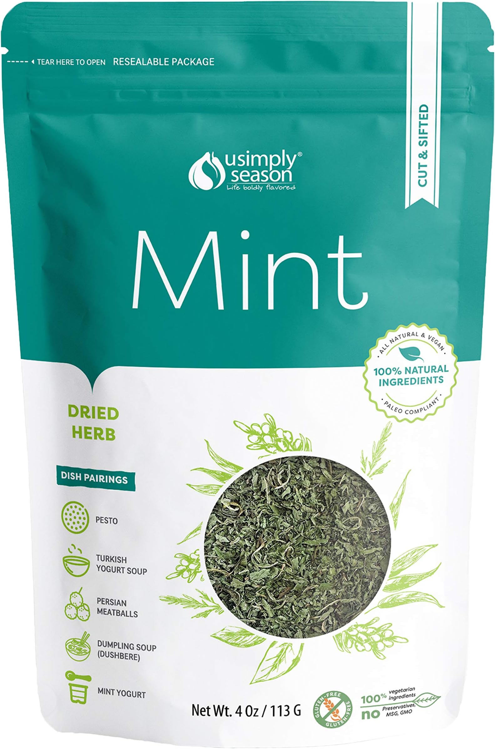USimplySeason Dried Mint, 4oz - Cut & Sifted Spearmint, Perfect for Teas & Culinary Use, Vegan, Non-GMO, Packaged in the USA
