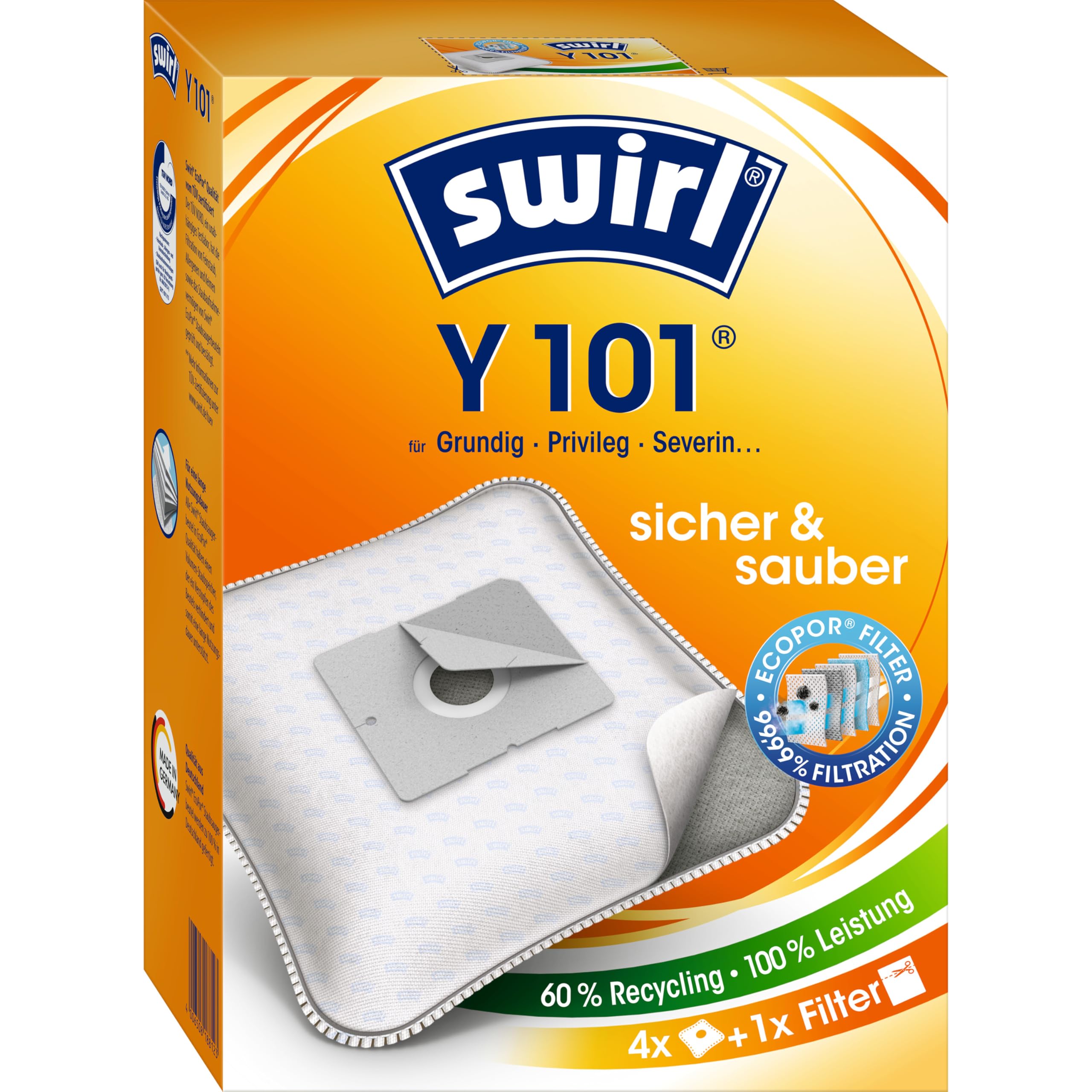 Swirl Y 101 AirSpace Vacuum Cleaner Bags for AEG Vacuum Cleaners, Highly Absorbent, Mounting Plate, 4 Bags + 1 Filter