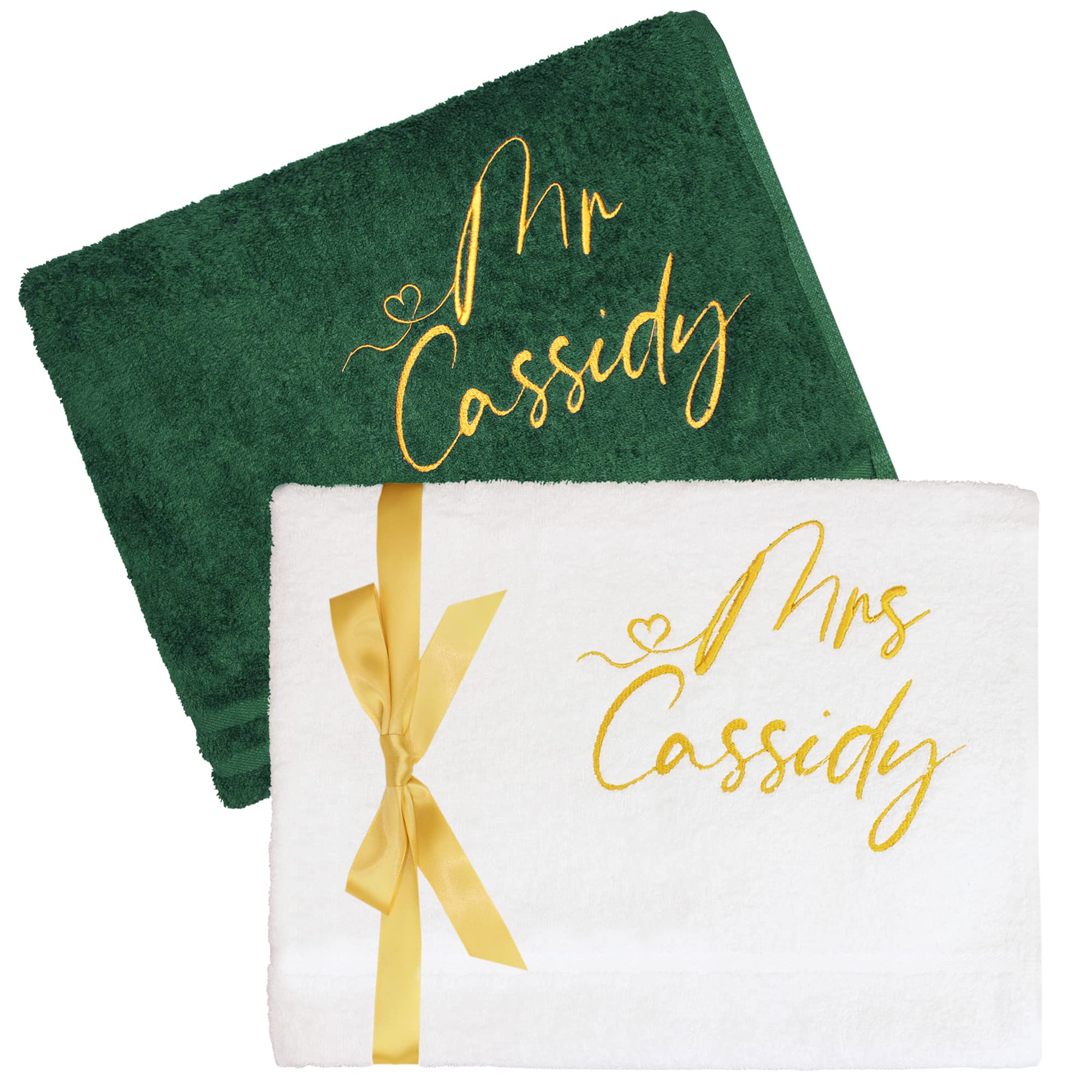 Teddyts Green & White Personalised Mr & Mrs Gold Embroidered Wedding Gift Bath Towel Set (Green & White),Bath Towel (120X70cm)