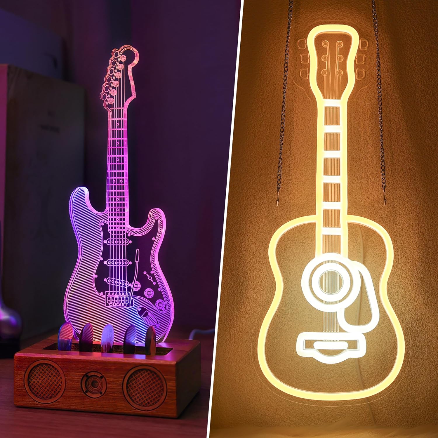 CoolGift Mart Guitar Accessories, Pack of 2, Acrylic Electric Light Up Guitar Pick Holder + Dimmable LED Acoustic Guitar Neon Wall Sign, Gift for Guitar Players Guitarists Music Lovers
