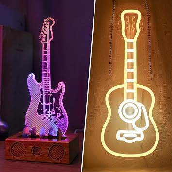 CoolGift Mart Guitar Accessories, Pack of 2, Acrylic Electric Light Up Guitar Pick Holder + Dimmable LED Acoustic Guitar Neon Wall Sign, Gift for Guitar Players Guitarists Music Lovers