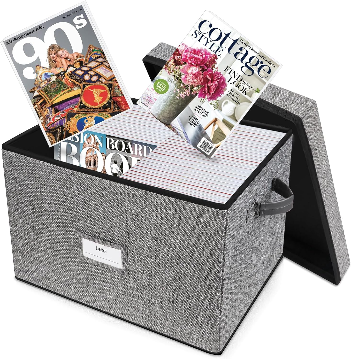 Lukeline Magazine Storage Box,Collapsible Fabric Magazine Holder with Handles, Stackable Magazine File Holder for Files, Books, Newspapers, Documents