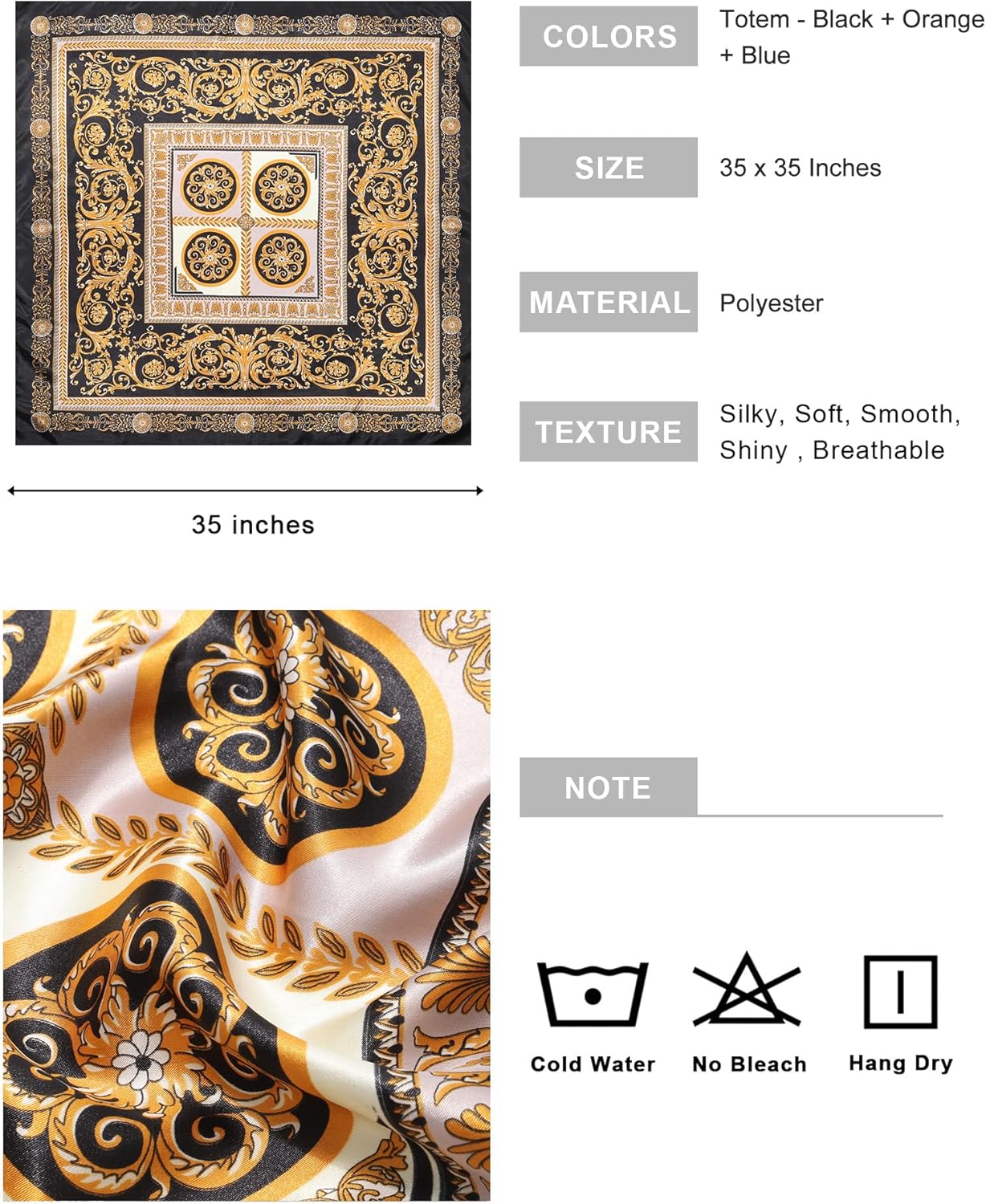 AWAYTR 35” Large Square Satin Head Scarf - 3Pcs Satin Hair Scarves Silk Bandana Scarf Headscarf Silk Feeling Scarf for Women - Image 2