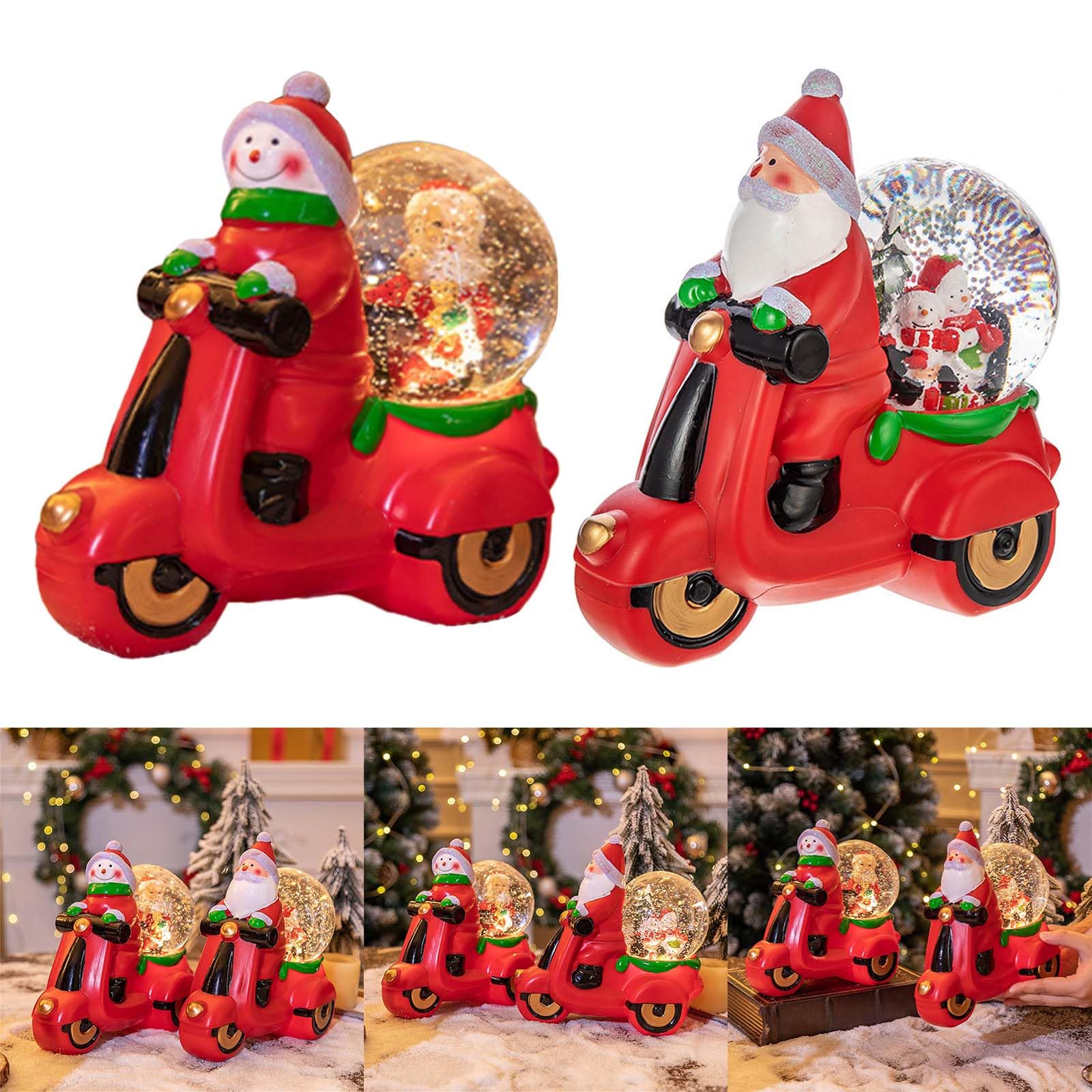 Festliche Motorrad-Weihnachtsmann-Weihnachts-Tischdekoration, Schnee-Effekt und motorisierte Action-Figuren, Motorrad, mit LED-Lichtern und Schnee, Spieluhr, Geschenk