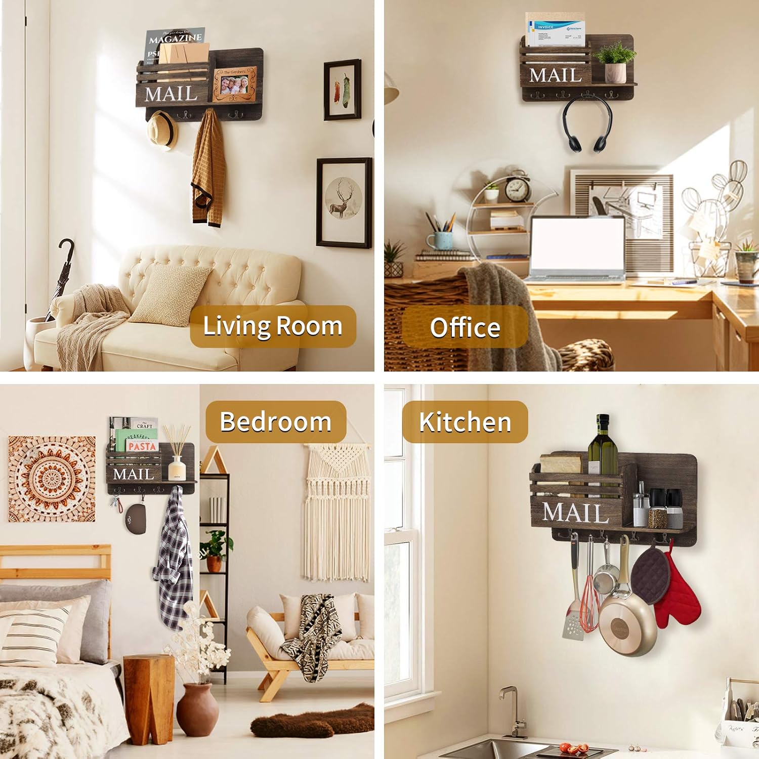 Firbon Mail Organizer with Key Holder, Wall Mount Rustic Wooden Mail Holder Sorter with 4 Double Key Hooks for Entryway, Living Room & Wall Decorative : Office Products