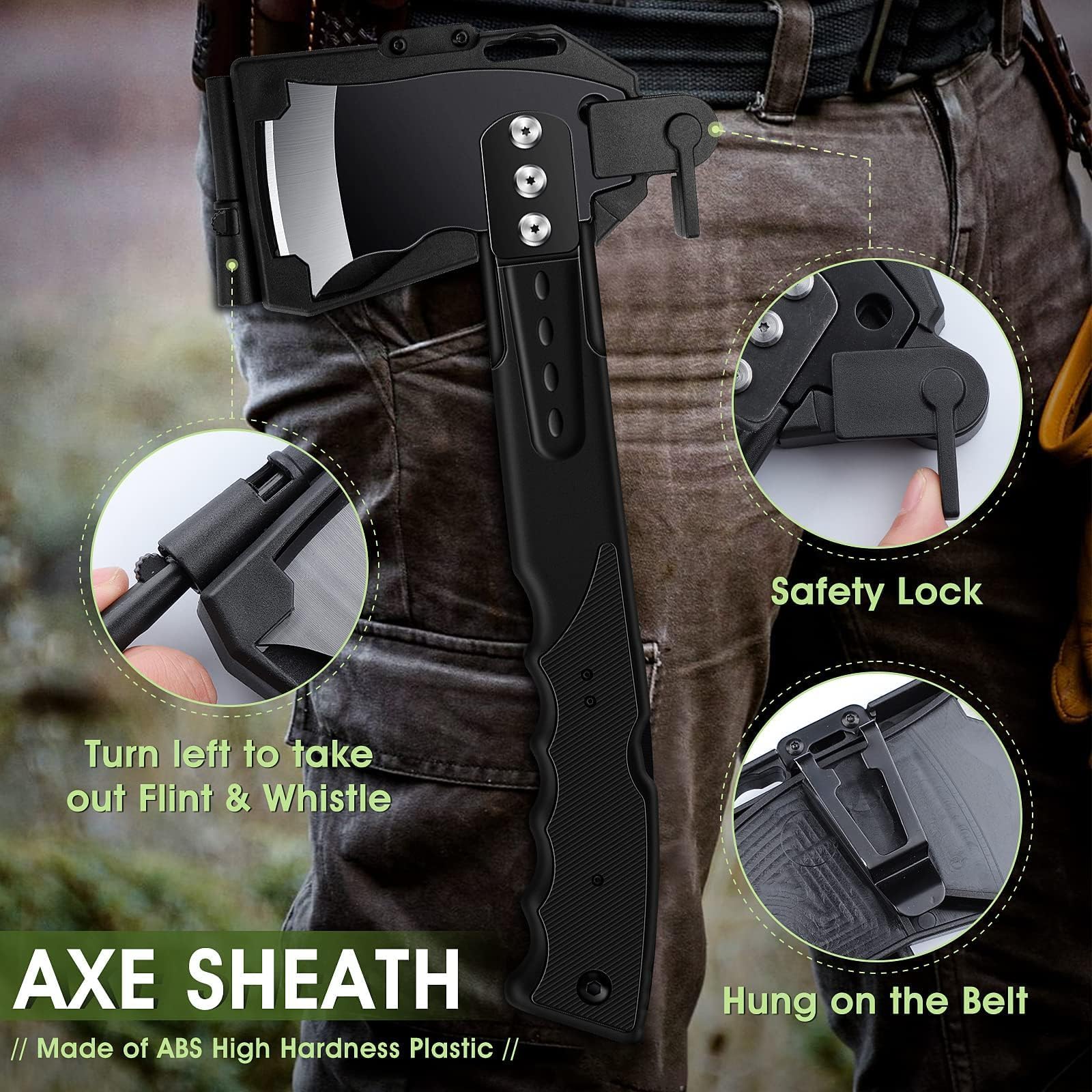 Freelander Scharfe Axt 5-in-1 mit Säge, Camping Beil mit Scheide und Pfeife, 34CM Camping Axt, Spaltaxt Outdoor, für Camping Wandern Survival, Schwarz