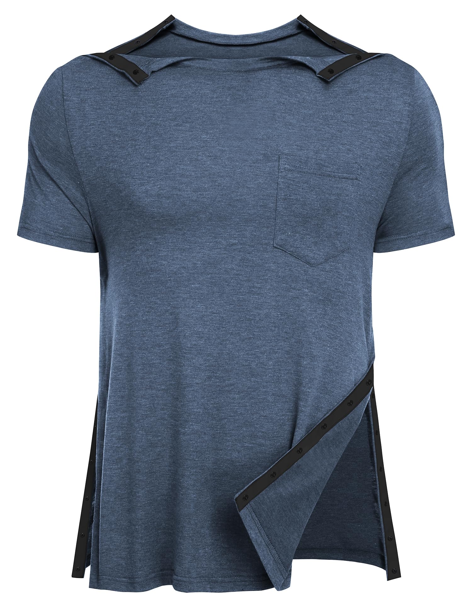 URRU Men's Post Shoulder Surgery Shirts Recovery Full Tear Away Short Sleeve Snap Chemo Shirts for Port Access