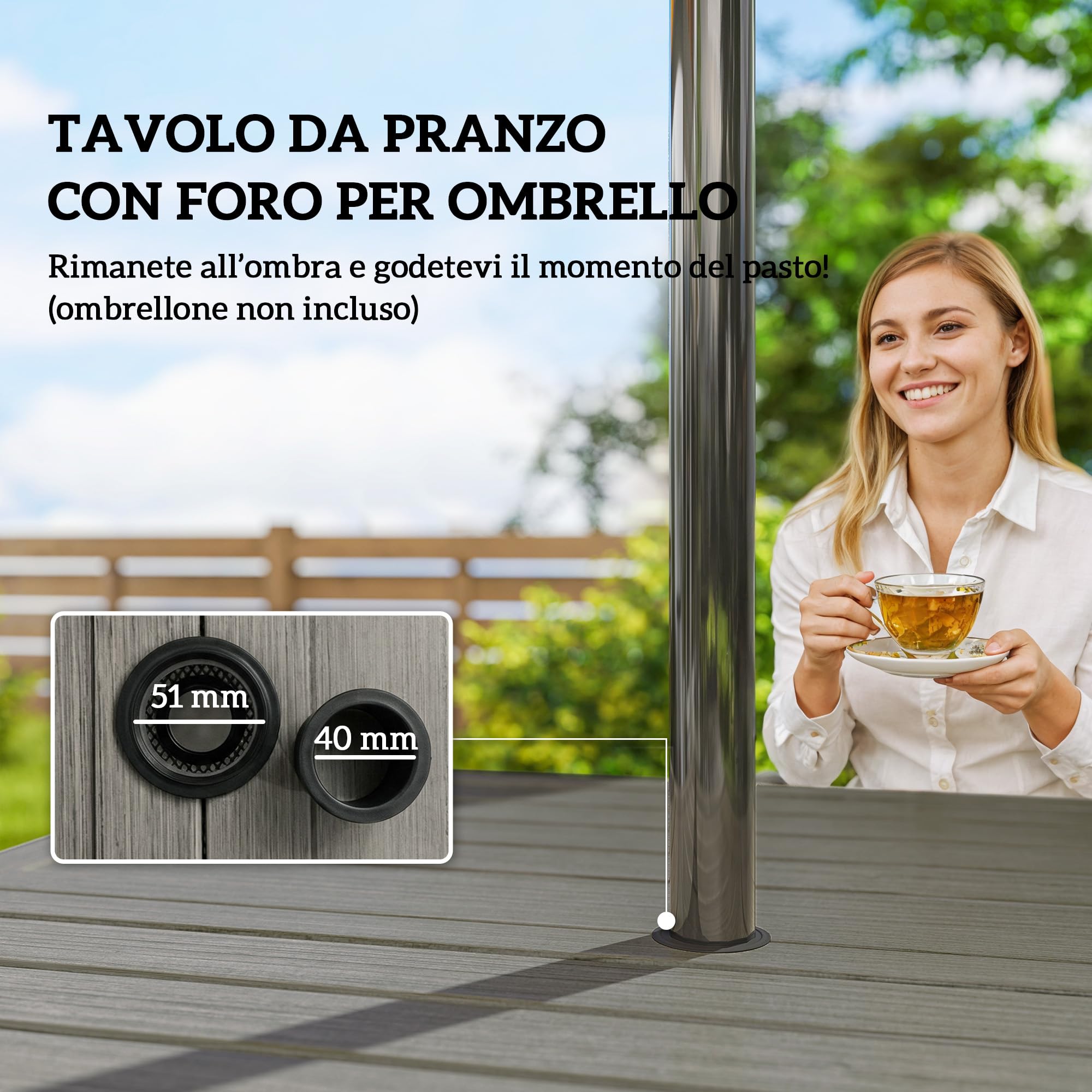 Outsunny Set Tavolo e Sedie da Giardino 5 Pezzi, Set da Pranzo con Tavolo, Foro per Ombrellone, 4 Sedie Impilabili in Texteline, Struttura in Acciaio, Set Mobili da Giardino per Terrazza Patio, Grigio