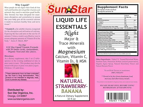 Liquid Life Essentials - Fórmula nocturna (fresa-plátano) Minerales traza con magnesio y calcio por, Sun Star Organics