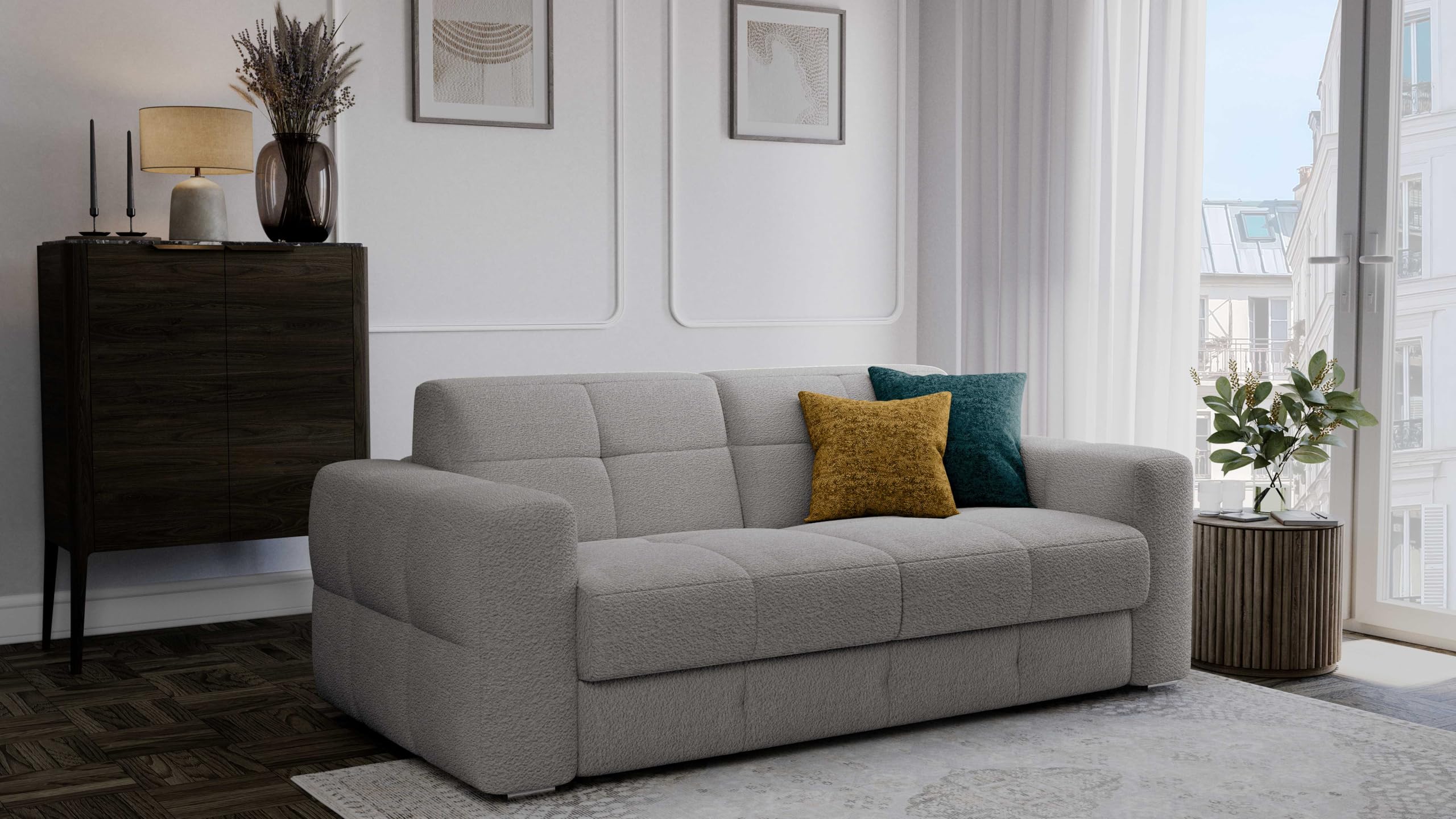 Divano Letto Cecilia 3 Posti Struttura in Metallo e Legno Imbottitura in Gomma di Poliuretano Rivestimento in Tessuto Rete Elettrosaldata Materasso 140x190 cm H14 cm Colore:Grey