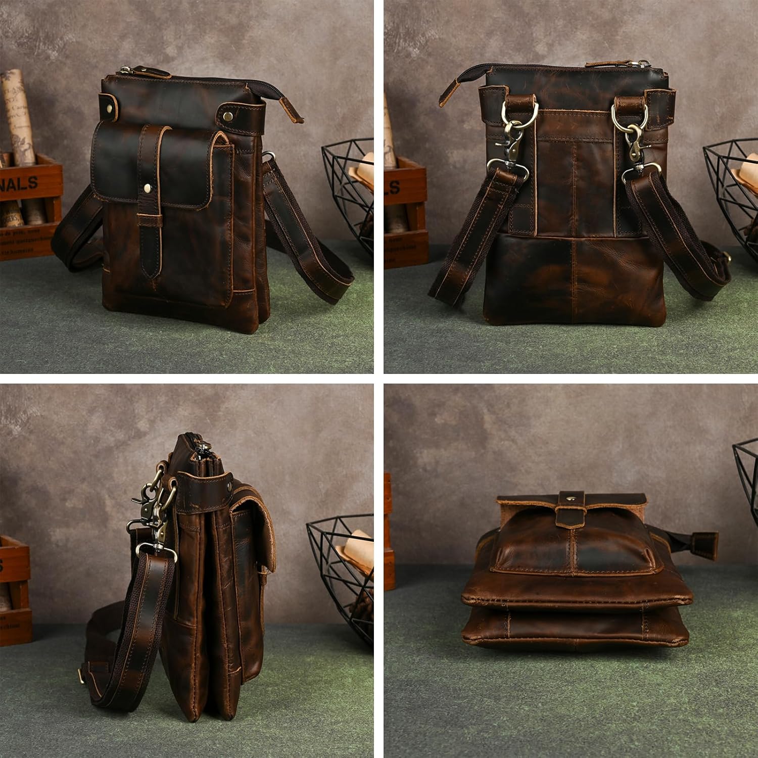 Le'aokuu Mens Genuine Leather Fanny Small Messenger Shoulder Satchel Waist Bag Pack 8711