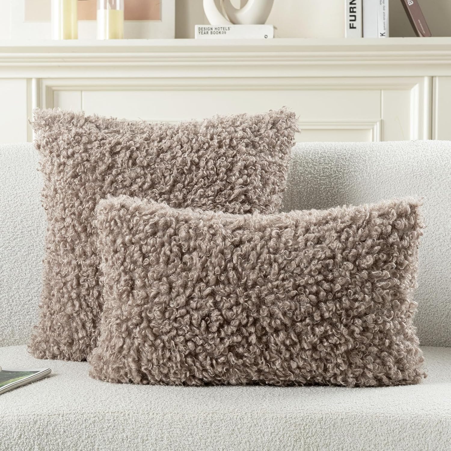 FUTEI Khaki Decorative Throw Pillow Covers 18x18 Inch Set of 2,Soft Fluffy Faux Wool Fur Boucle Textured Cushion Case,Modern Home Decor for Couch Bed Living Room Office - Image 5