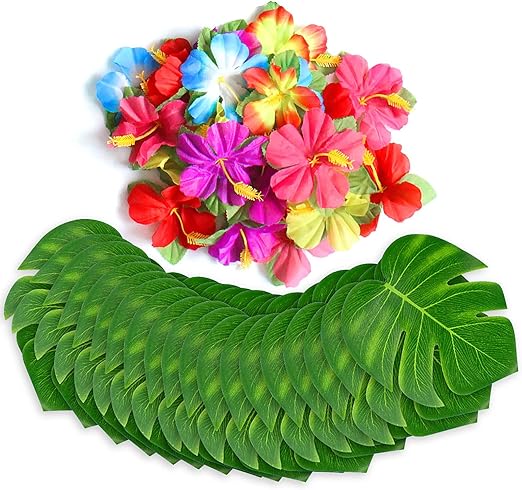 60Pcs Tropical Party Decorations Supplies Tropical Palm Leaves Hibiscus Flower Simulation Artificial Leaf for Hawaiian Luau Safari Party Jungle Beach Theme BBQ Birthday Parties Decorations Table Decor